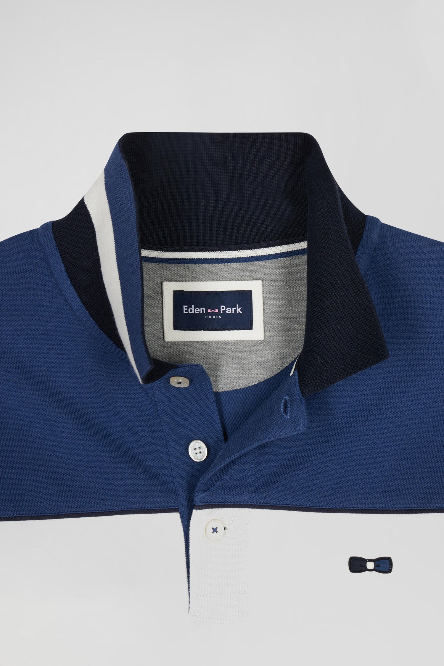 Regular blue tricolor long-sleeved cotton piqué polo shirt