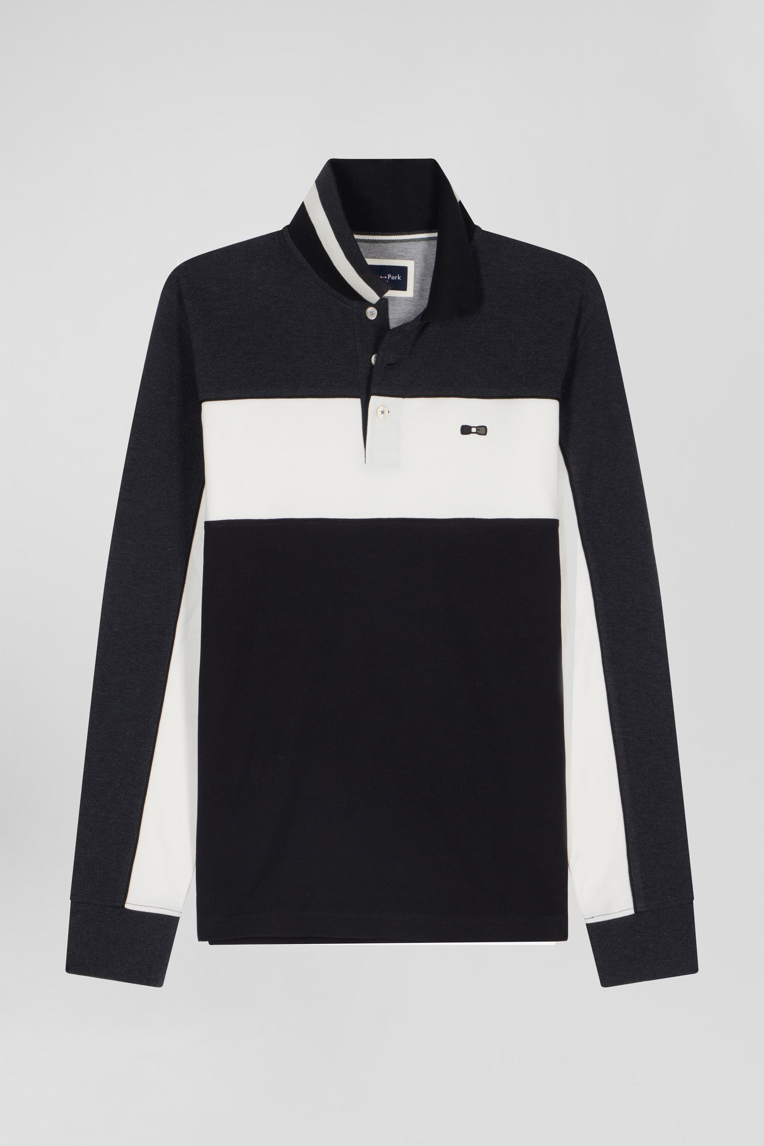 Regular black tricolor long-sleeved cotton piqué polo shirt