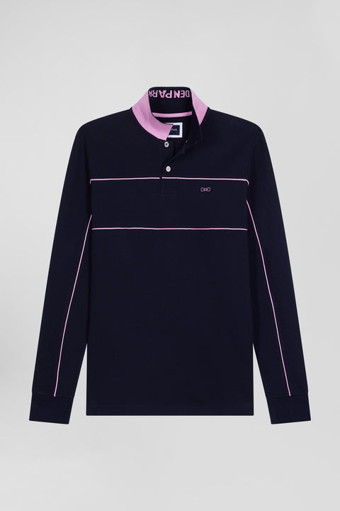Regular navy blue long-sleeved cotton piqué polo shirt with pink piping - Image 2