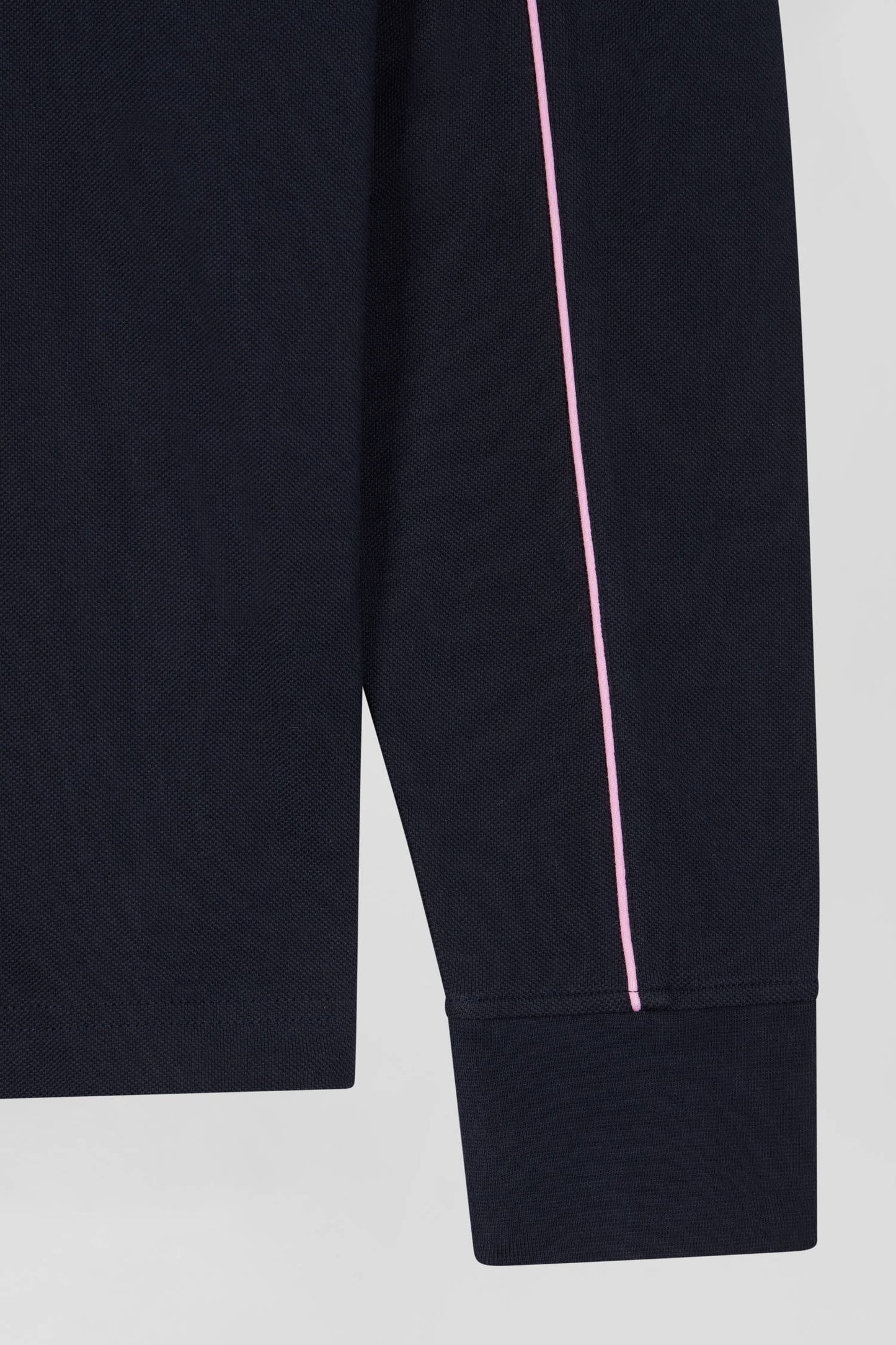 Regular navy blue long-sleeved cotton piqué polo shirt with pink piping