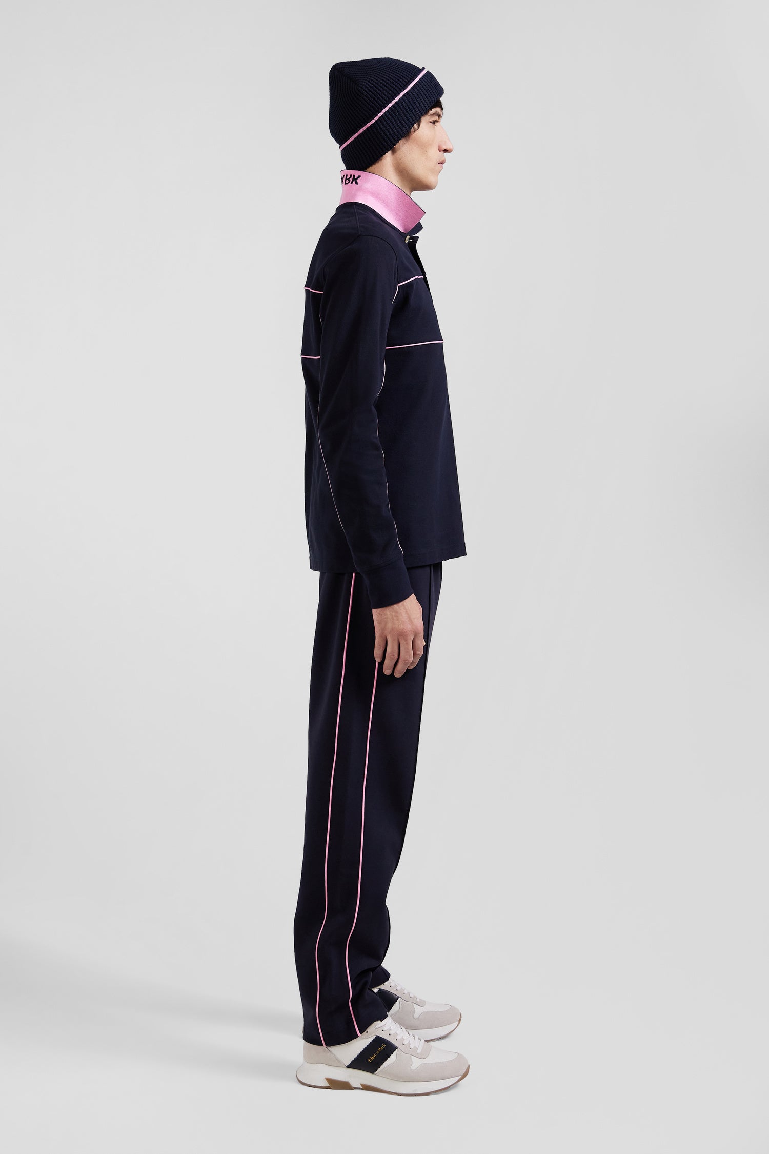 Regular navy blue long-sleeved cotton piqué polo shirt with pink piping