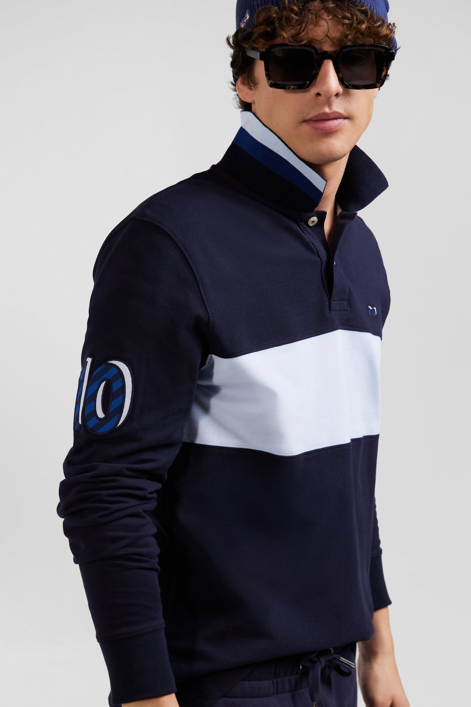 Regular sky blue long-sleeved cotton piqué polo shirt with sleeve embroidery