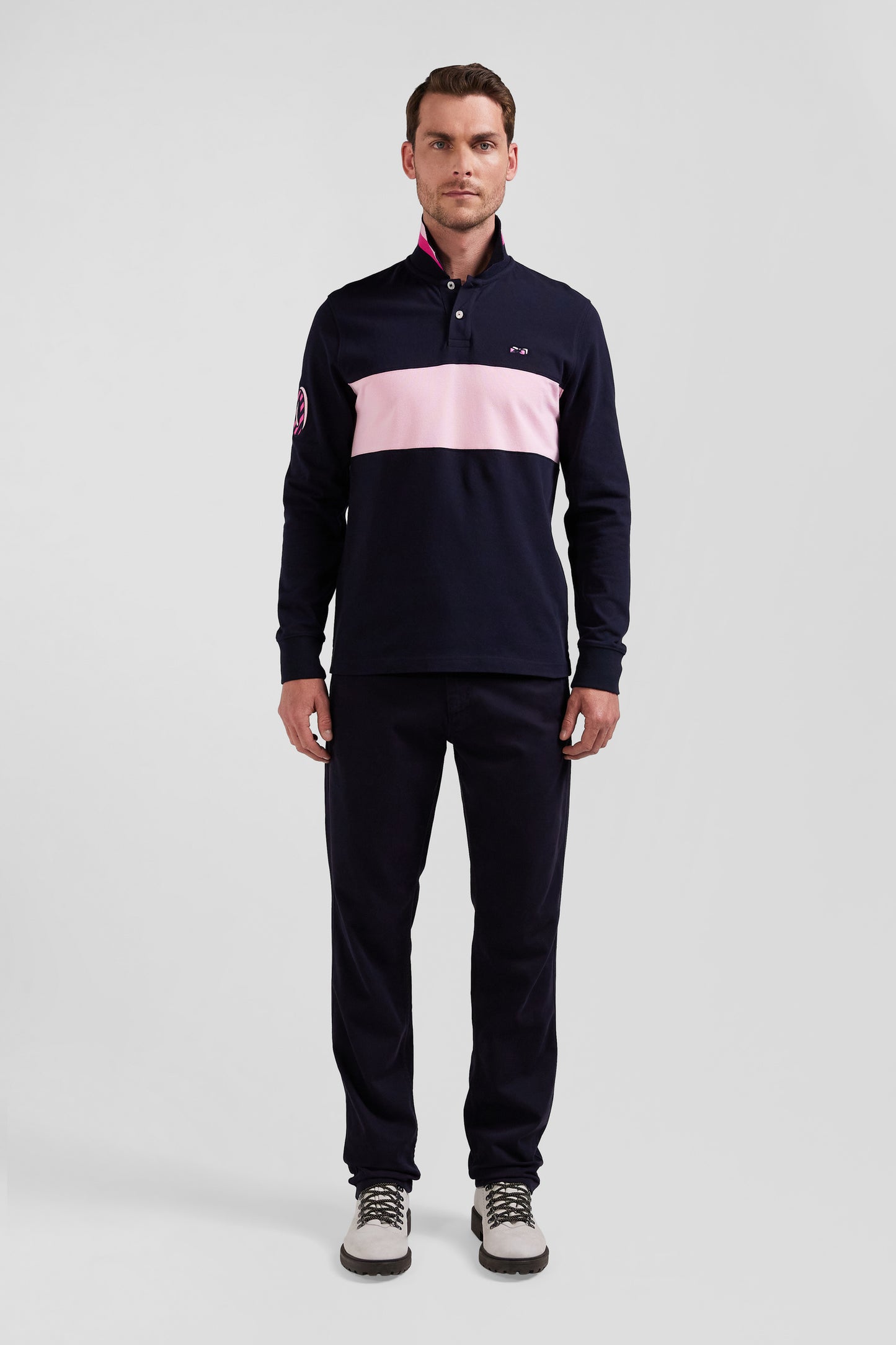 Regular pink long-sleeved cotton piqué polo shirt with sleeve embroidery