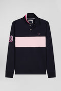 Regular pink long-sleeved cotton piqué polo shirt with sleeve embroidery