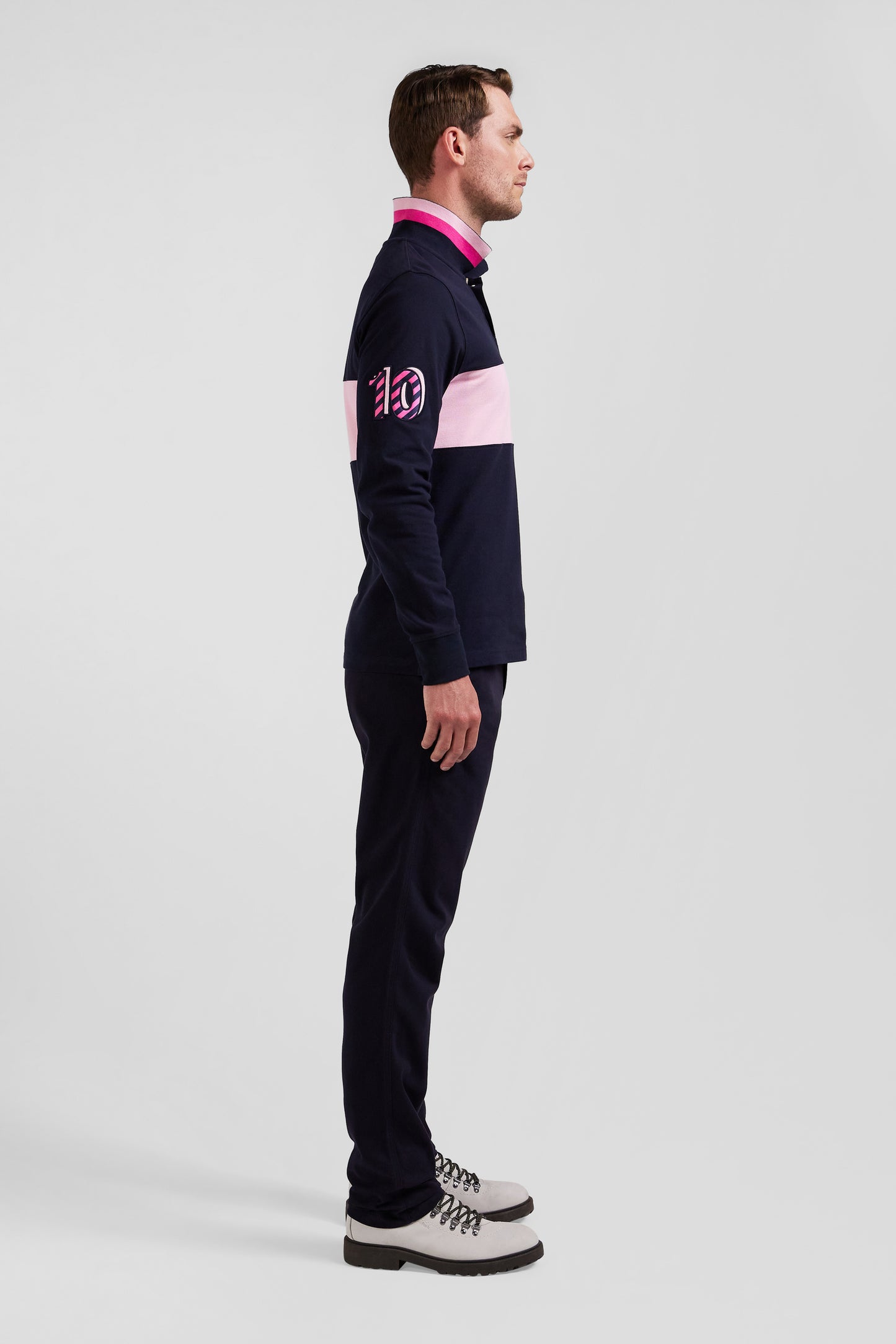 Regular pink long-sleeved cotton piqué polo shirt with sleeve embroidery