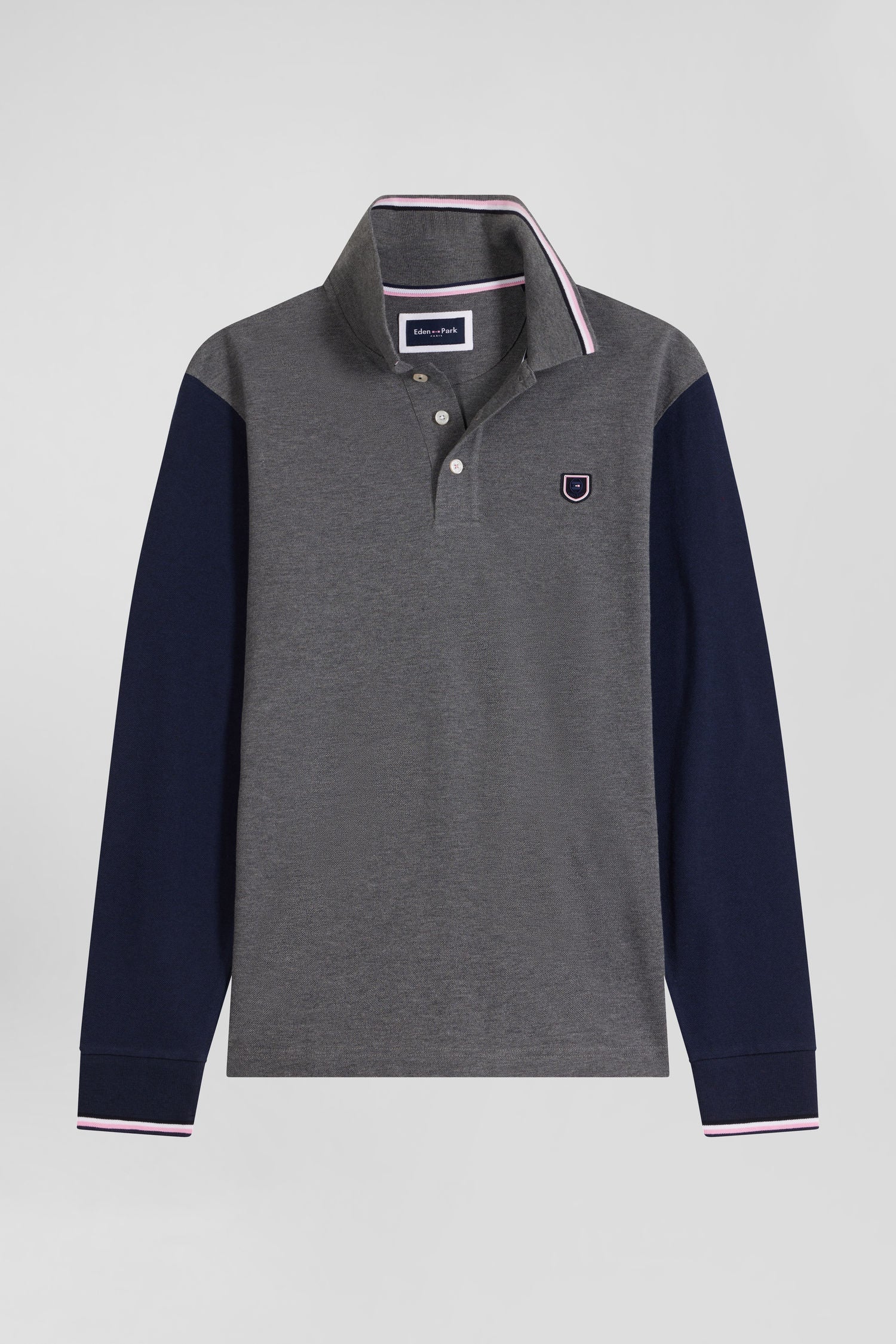 Regular grey long-sleeved cotton piqué polo shirt with jacquard collar and rubber badge