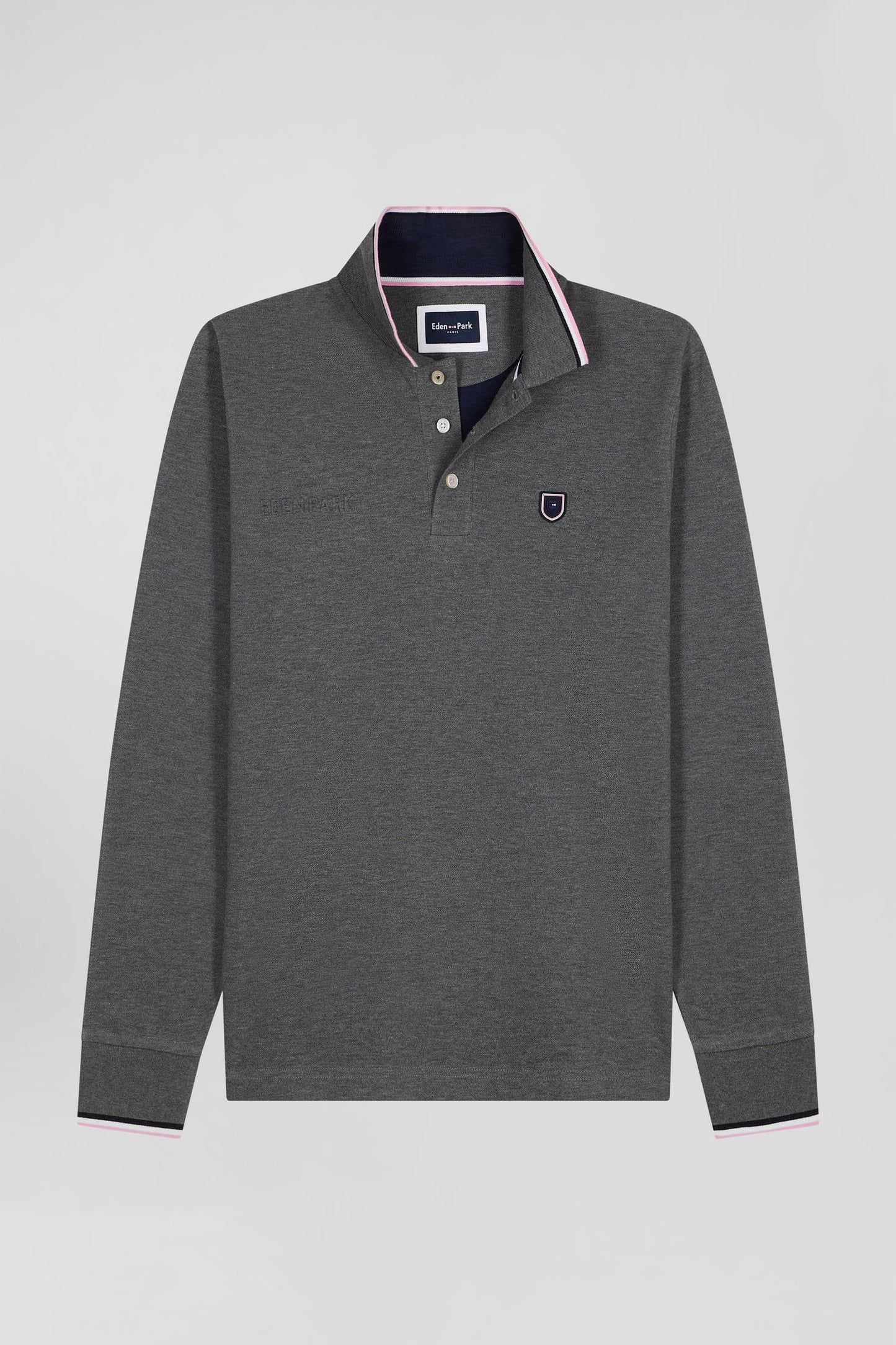 Regular grey long-sleeved cotton piqué polo shirt with tricolor details