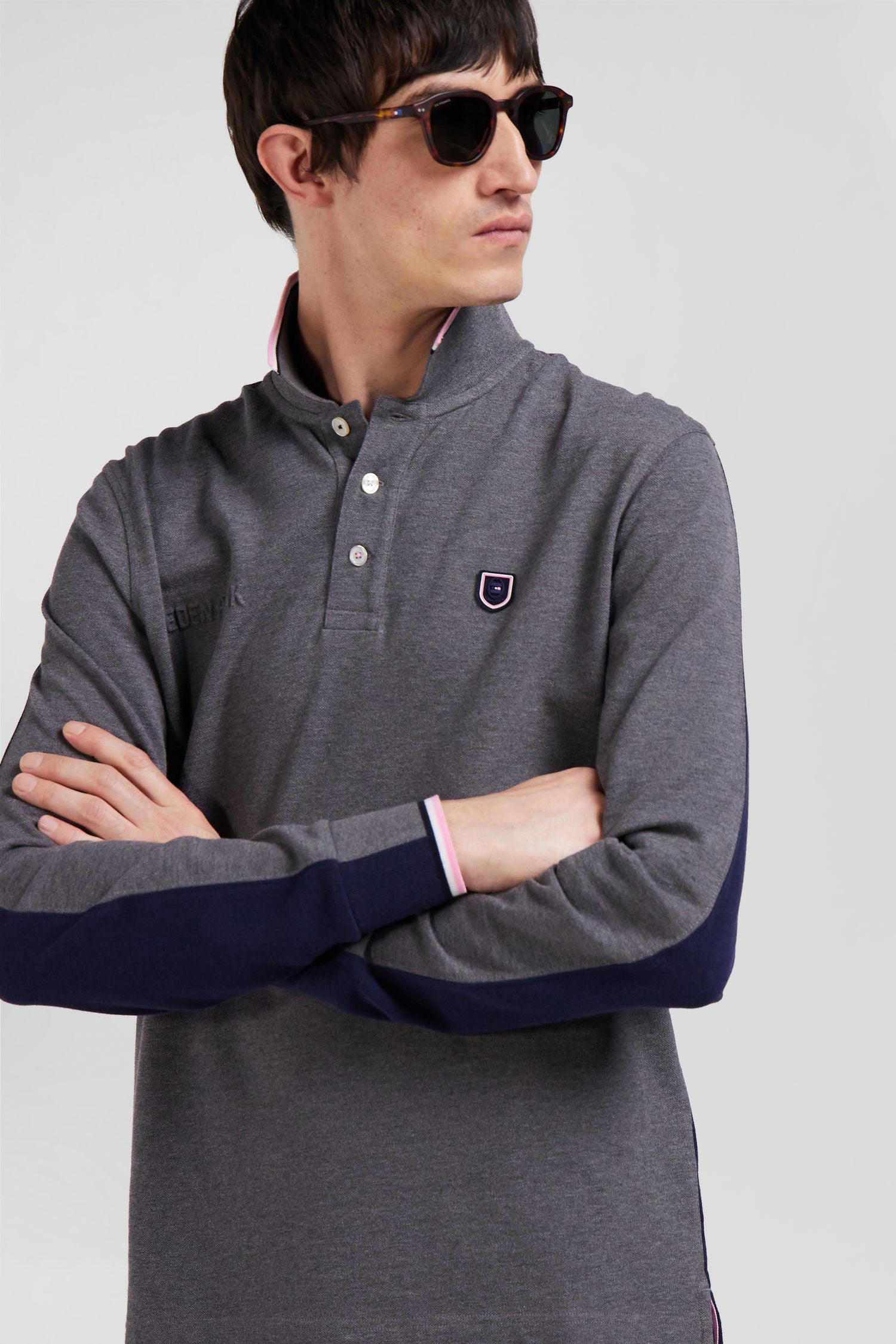 Regular grey long-sleeved cotton piqué polo shirt with tricolor details