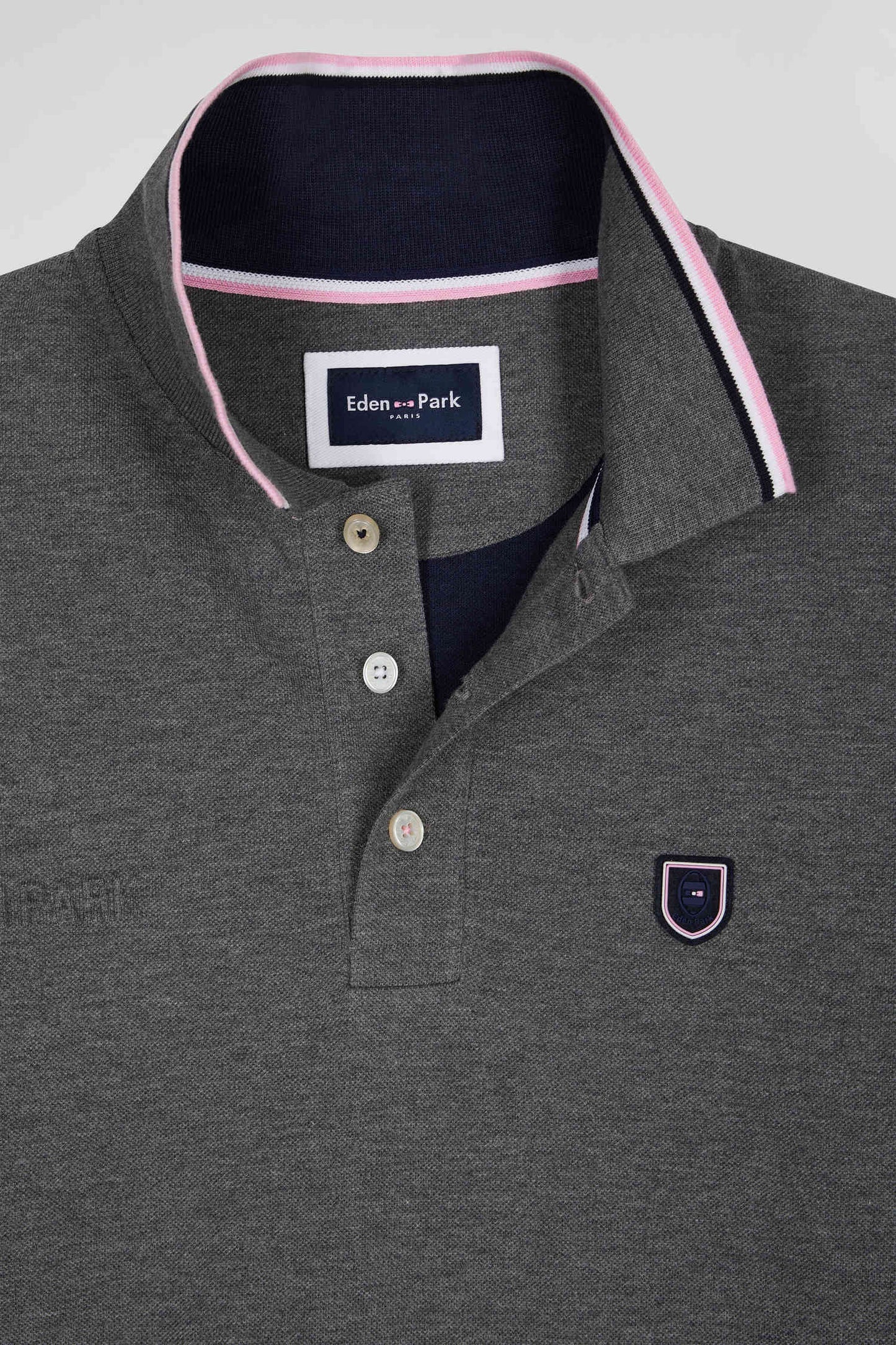 Regular grey long-sleeved cotton piqué polo shirt with tricolor details