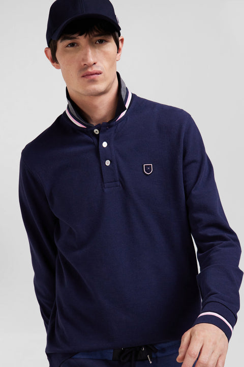 Regular navy blue long-sleeved cotton piqué polo shirt with rubber badge - Image 3