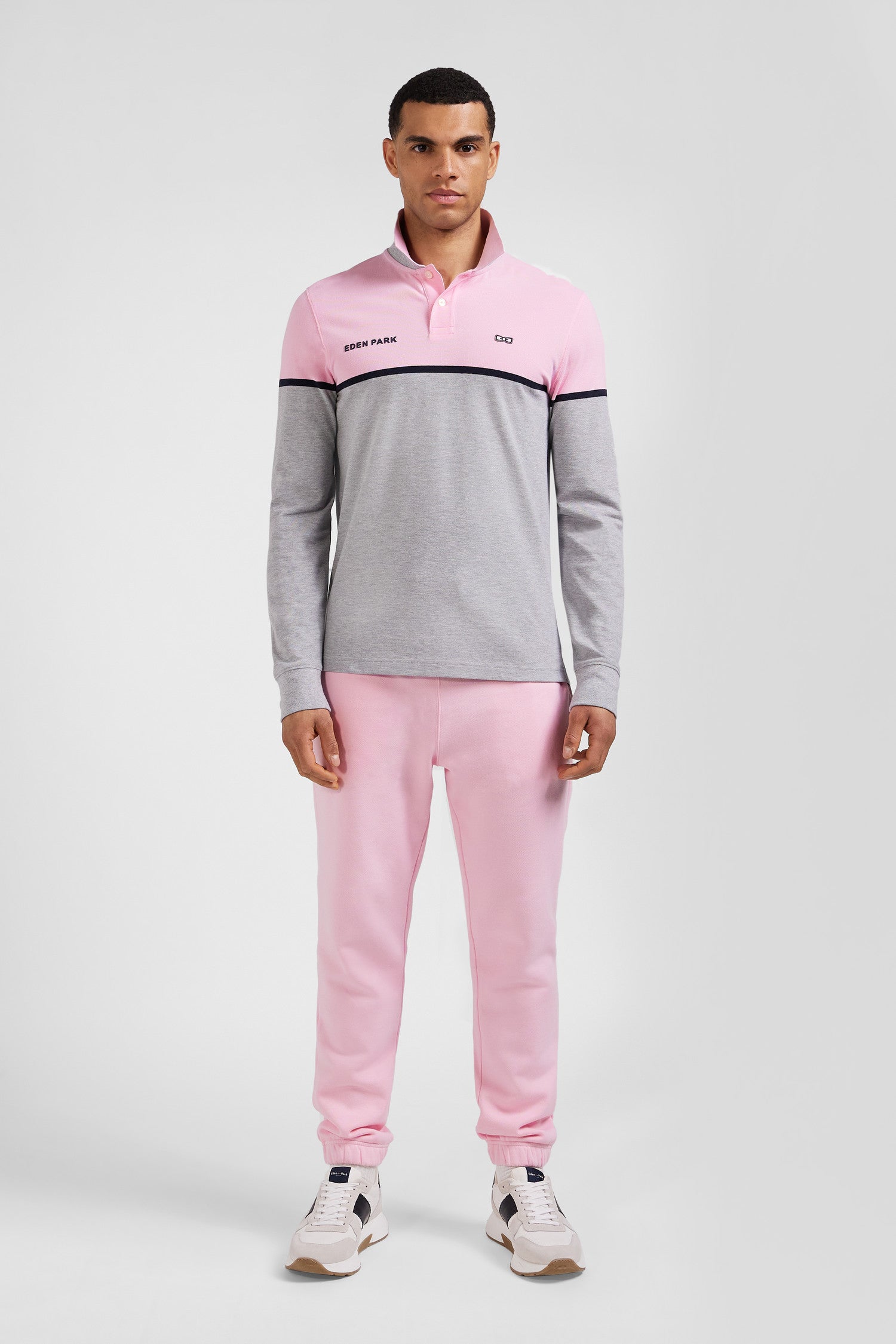 Regular pink bicolor long-sleeved cotton piqué polo shirt