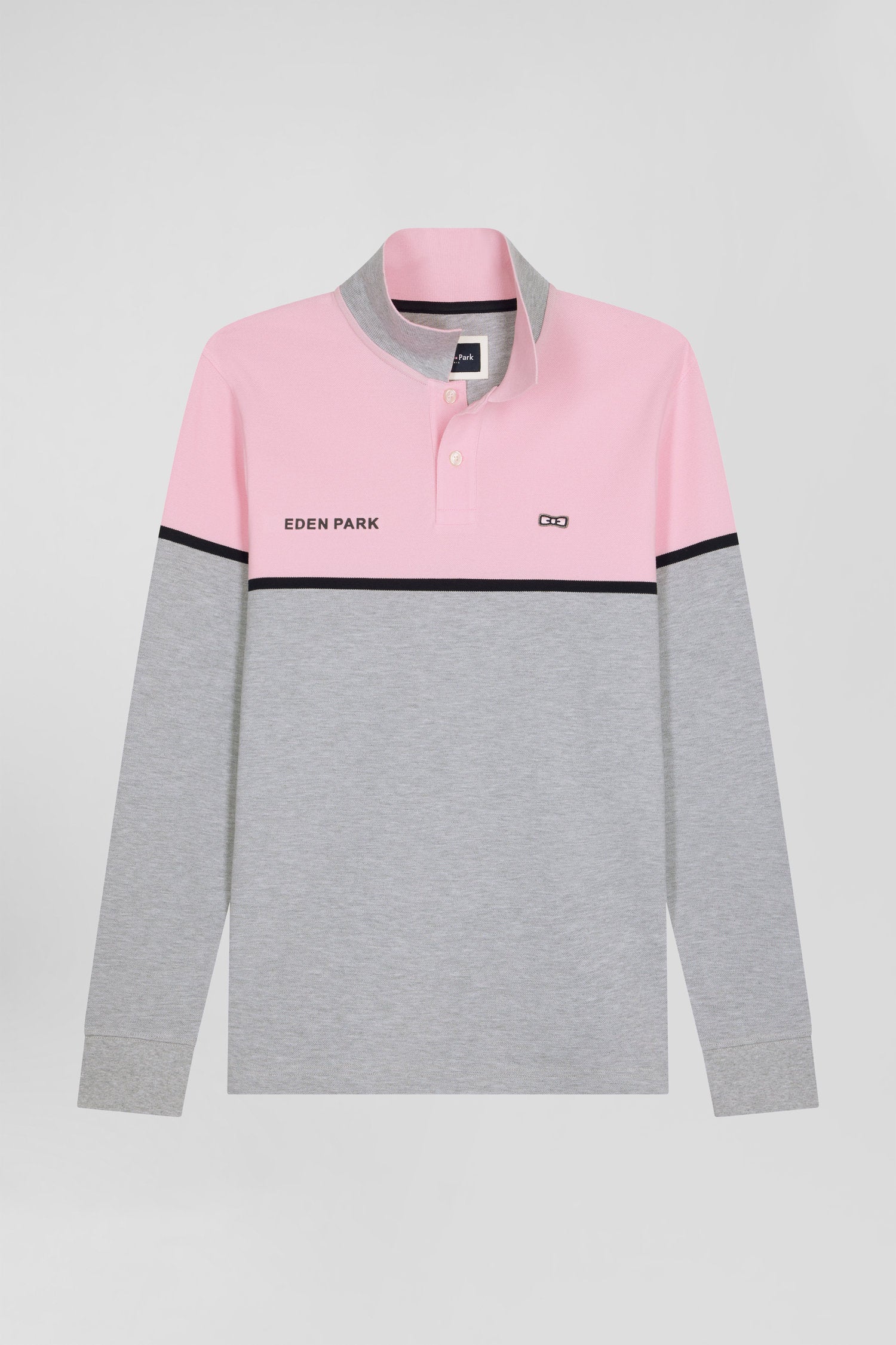 Regular pink bicolor long-sleeved cotton piqué polo shirt