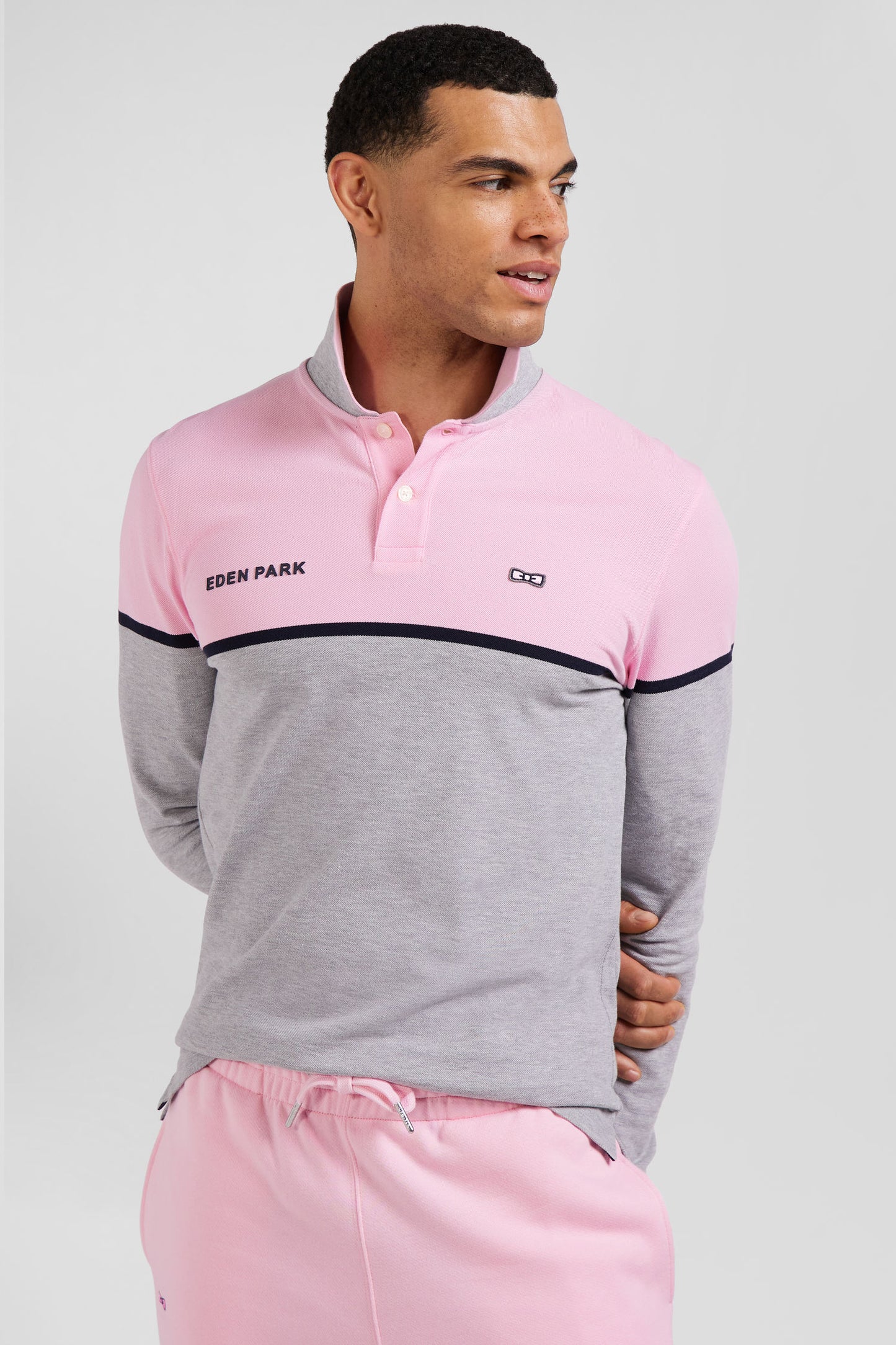 Regular pink bicolor long-sleeved cotton piqué polo shirt