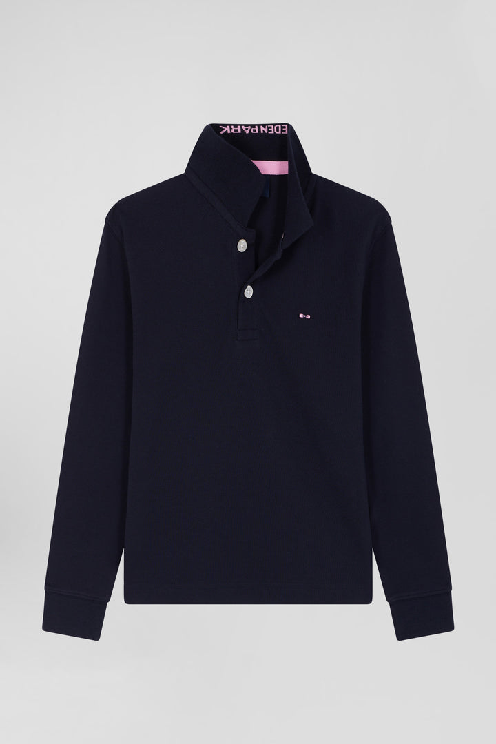 Regular navy blue long-sleeved cotton piqué polo shirt