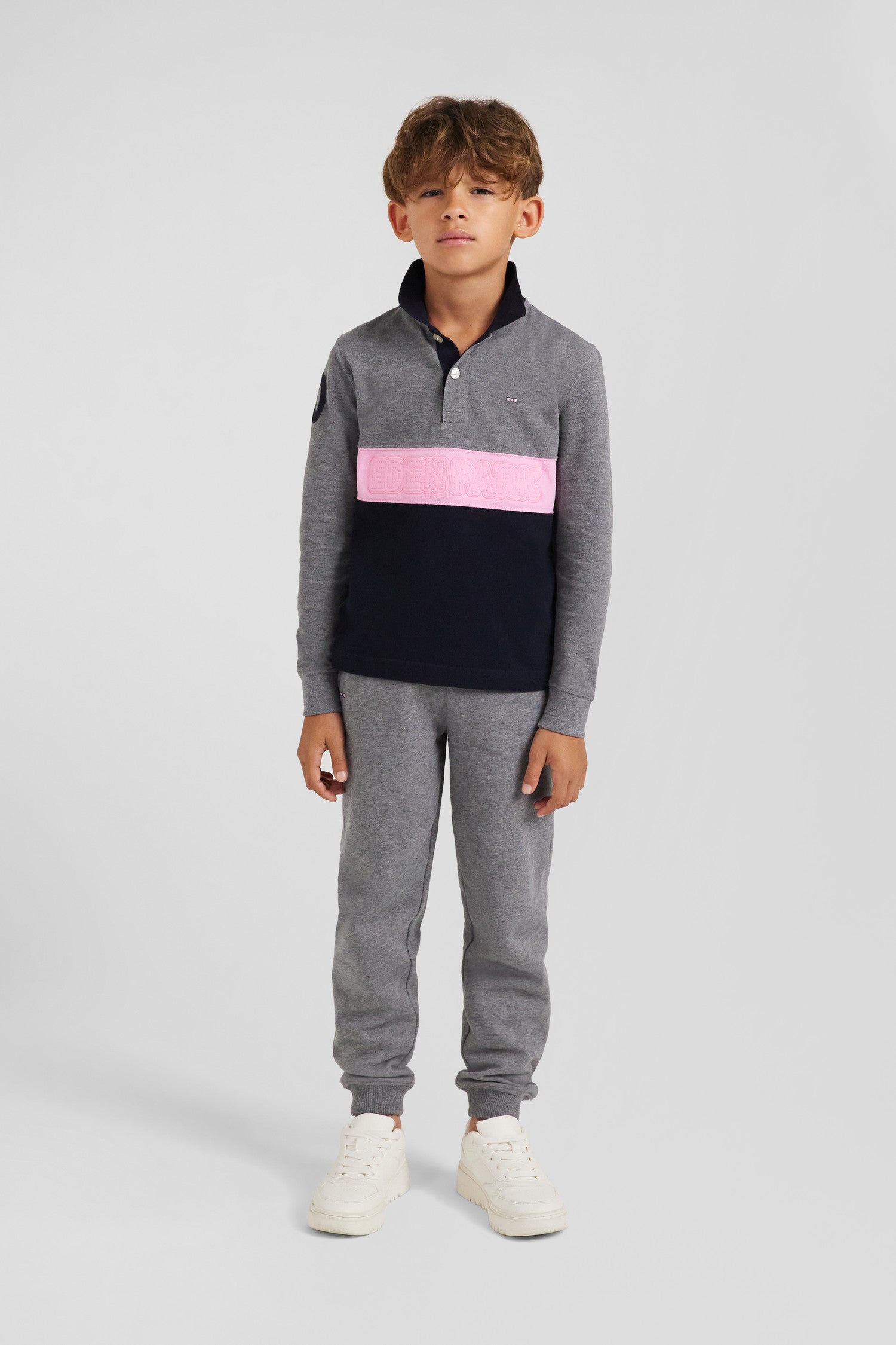 Regular grey long-sleeved cotton piqué polo shirt with pink stripe and N°10 embroidery