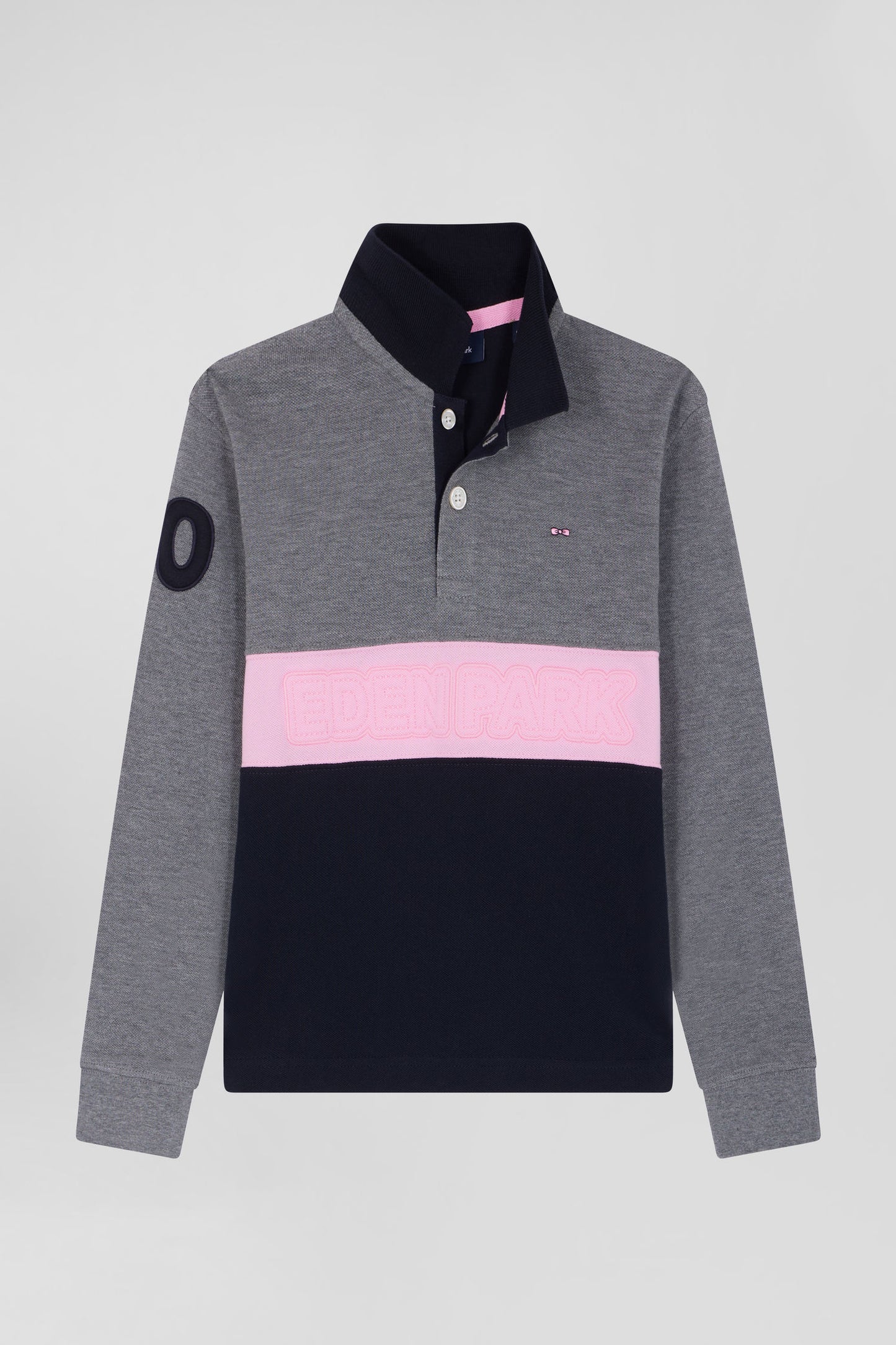 Regular grey long-sleeved cotton piqué polo shirt with pink stripe and N°10 embroidery