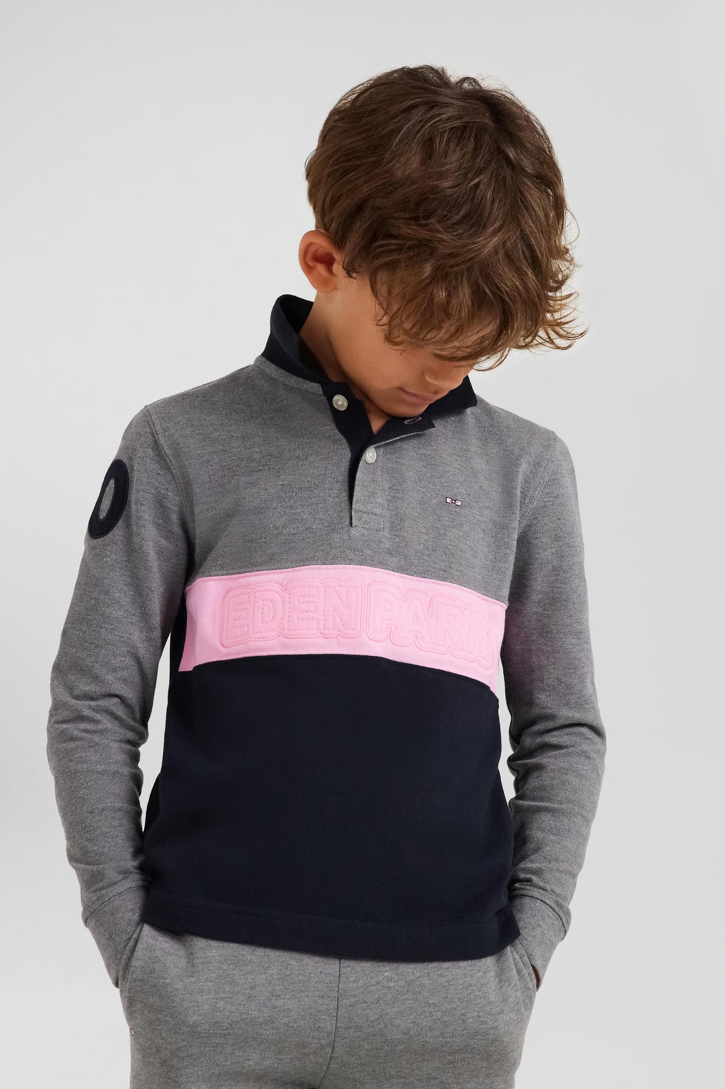 Regular grey long-sleeved cotton piqué polo shirt with pink stripe and N°10 embroidery