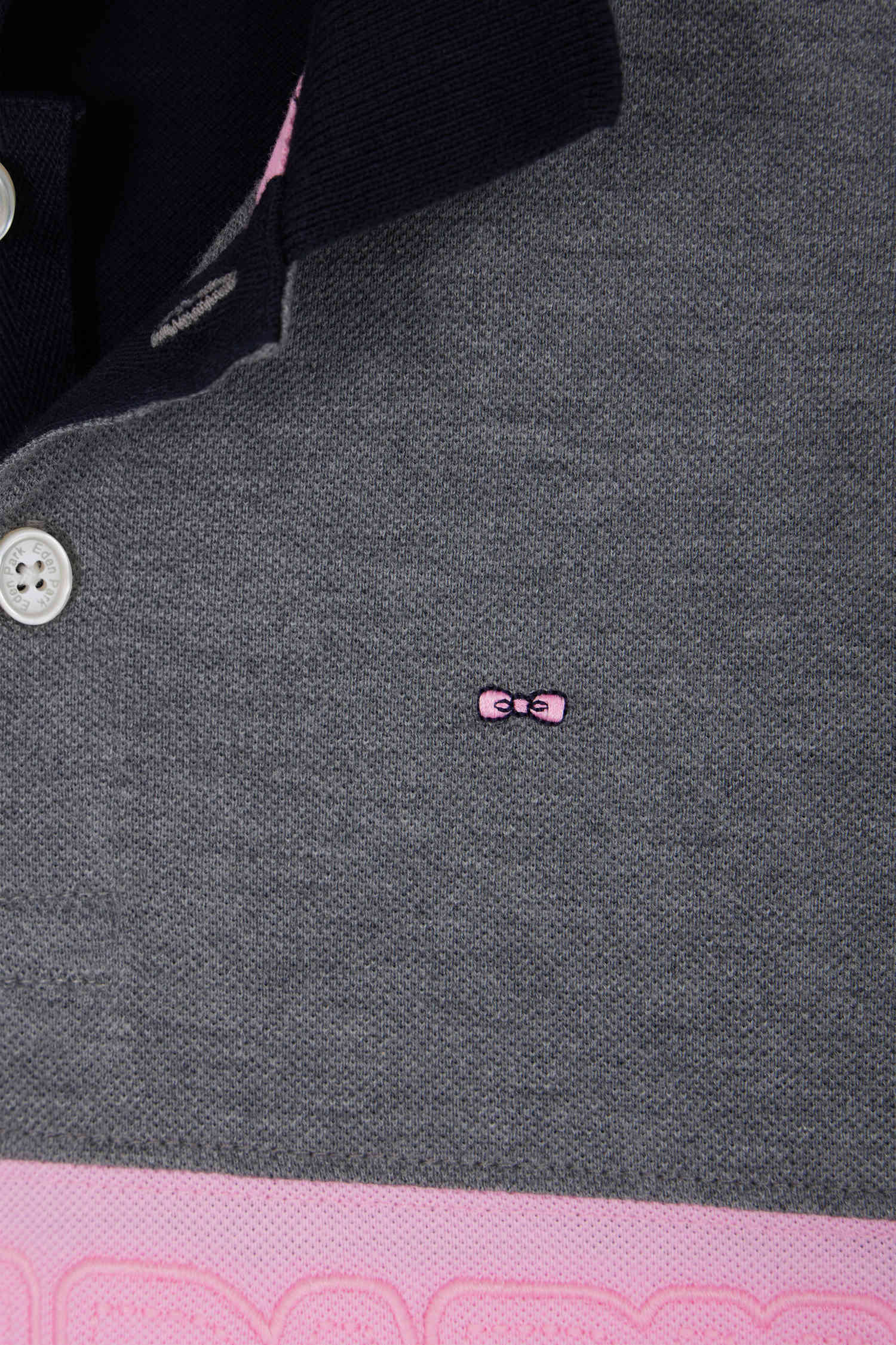 Regular grey long-sleeved cotton piqué polo shirt with pink stripe and N°10 embroidery