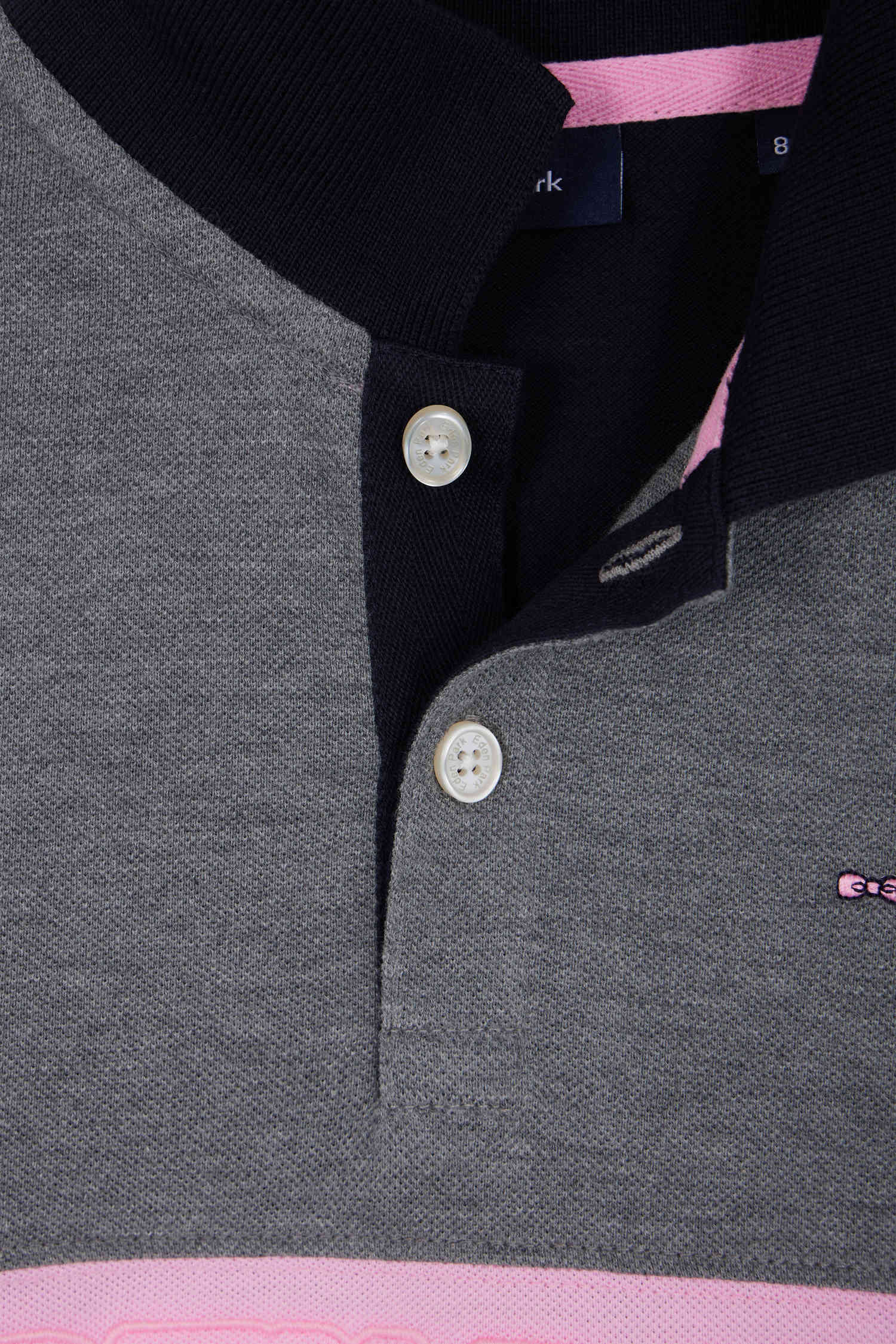 Regular grey long-sleeved cotton piqué polo shirt with pink stripe and N°10 embroidery