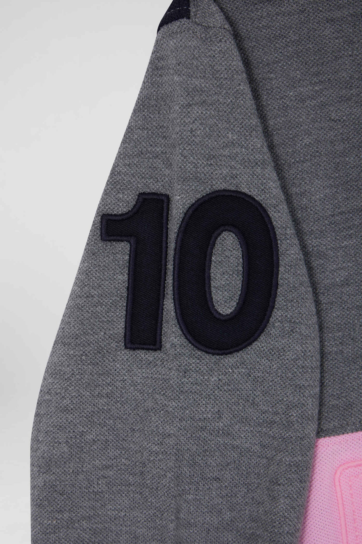 Regular grey long-sleeved cotton piqué polo shirt with pink stripe and N°10 embroidery