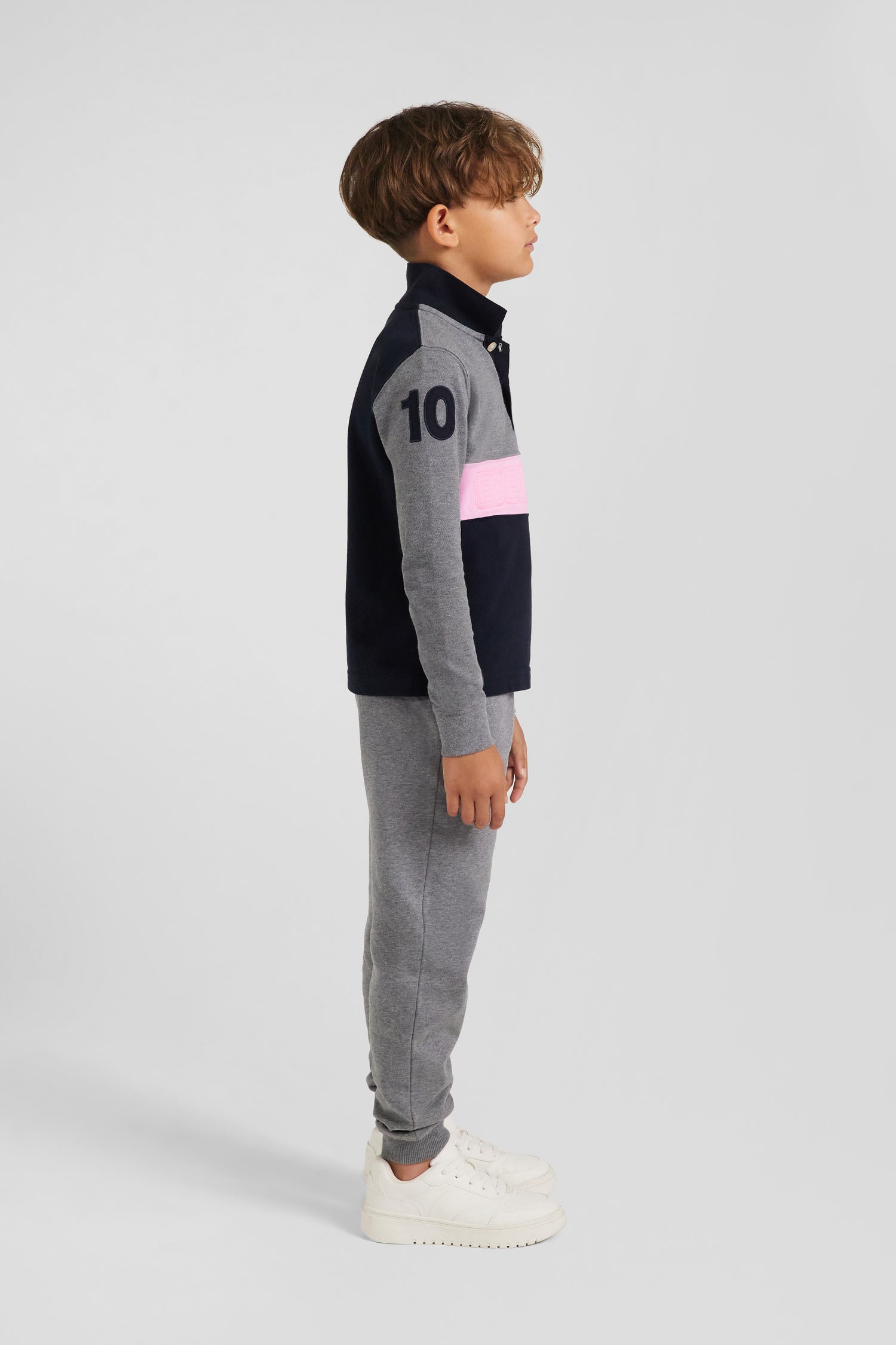 Regular grey long-sleeved cotton piqué polo shirt with pink stripe and N°10 embroidery