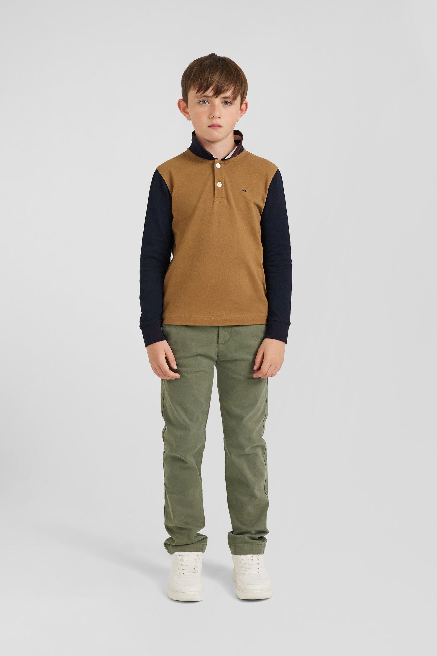 Regular camel long-sleeved cotton piqué polo shirt with tricolour Eden Park jacquard collar