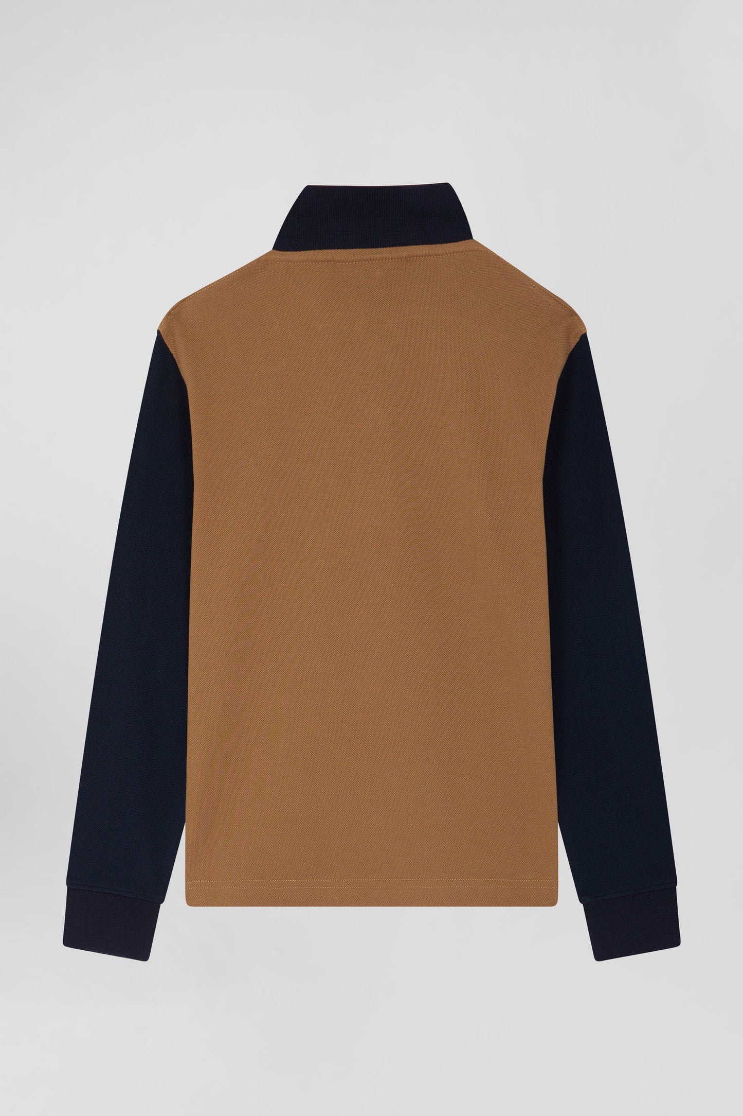 Regular camel long-sleeved cotton piqué polo shirt with tricolour Eden Park jacquard collar