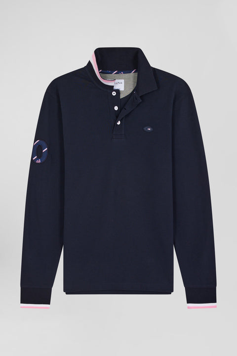 Regular navy long-sleeved cotton piqué polo shirt with XV de France embroidery - Image 2