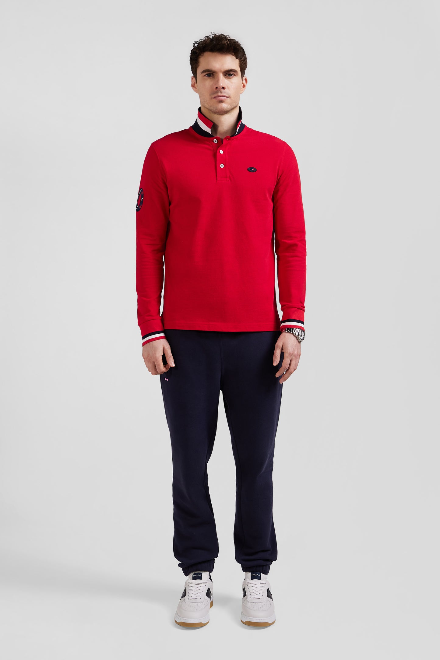 Regular red long-sleeved cotton piqué polo shirt with XV de France embroidery