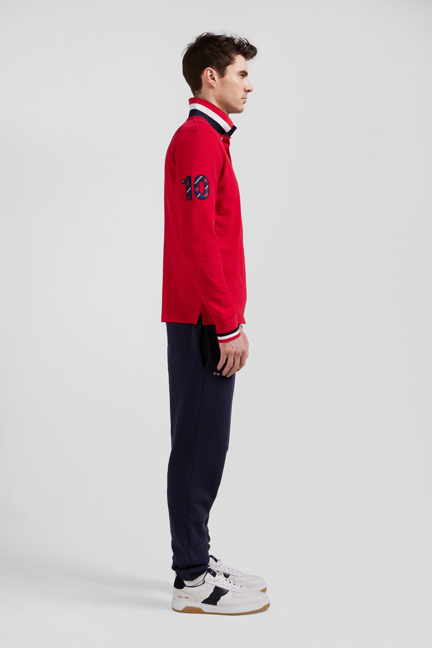 Regular red long-sleeved cotton piqué polo shirt with XV de France embroidery