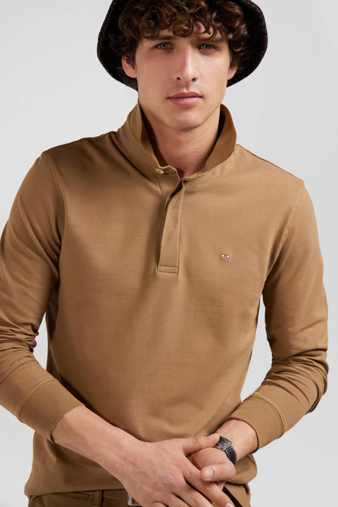 Long-sleeved polo shirt in hazelnut cotton piqué, slim fit - Image 3