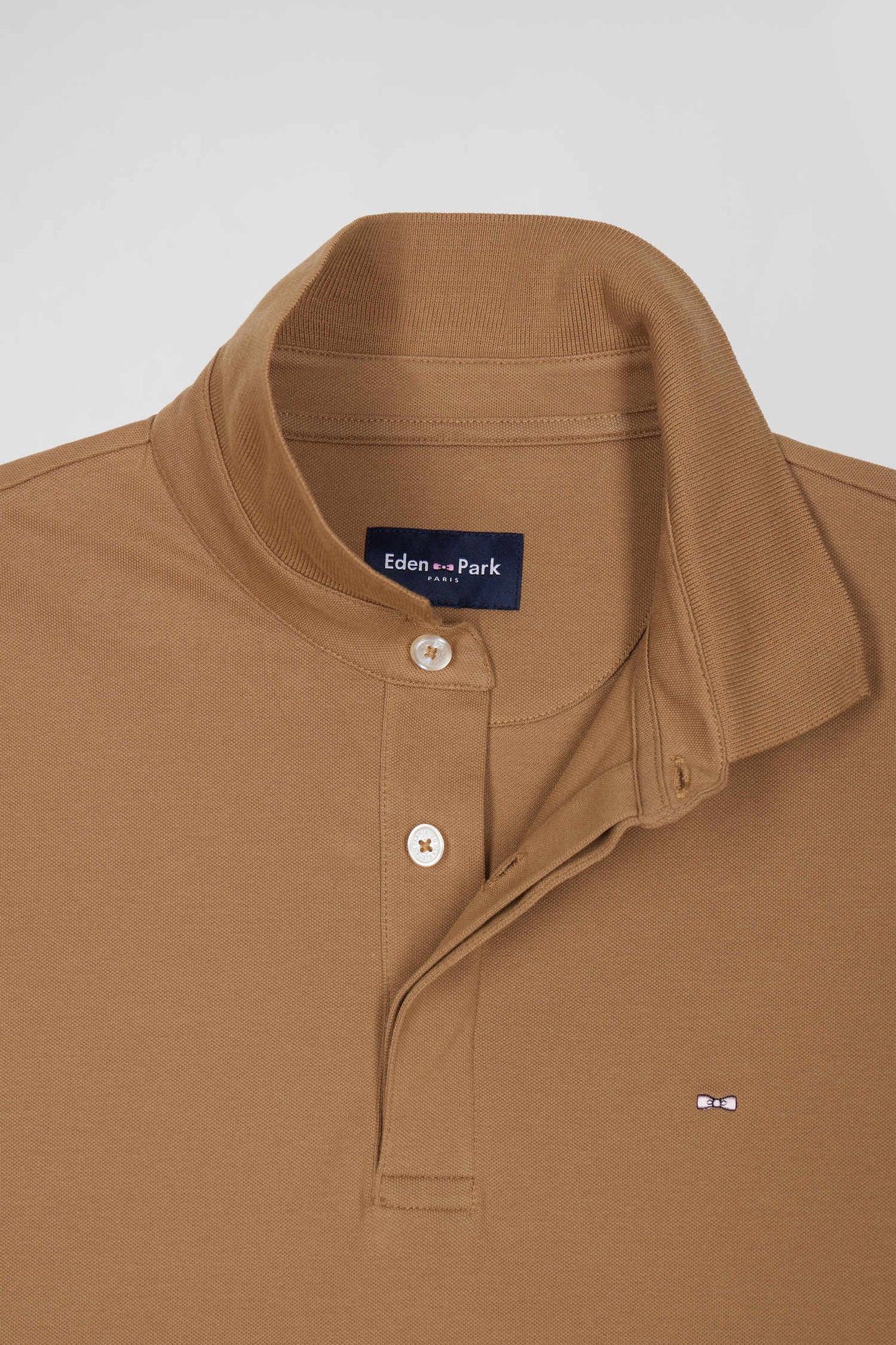 Slim camel long-sleeved cotton piqué polo shirt