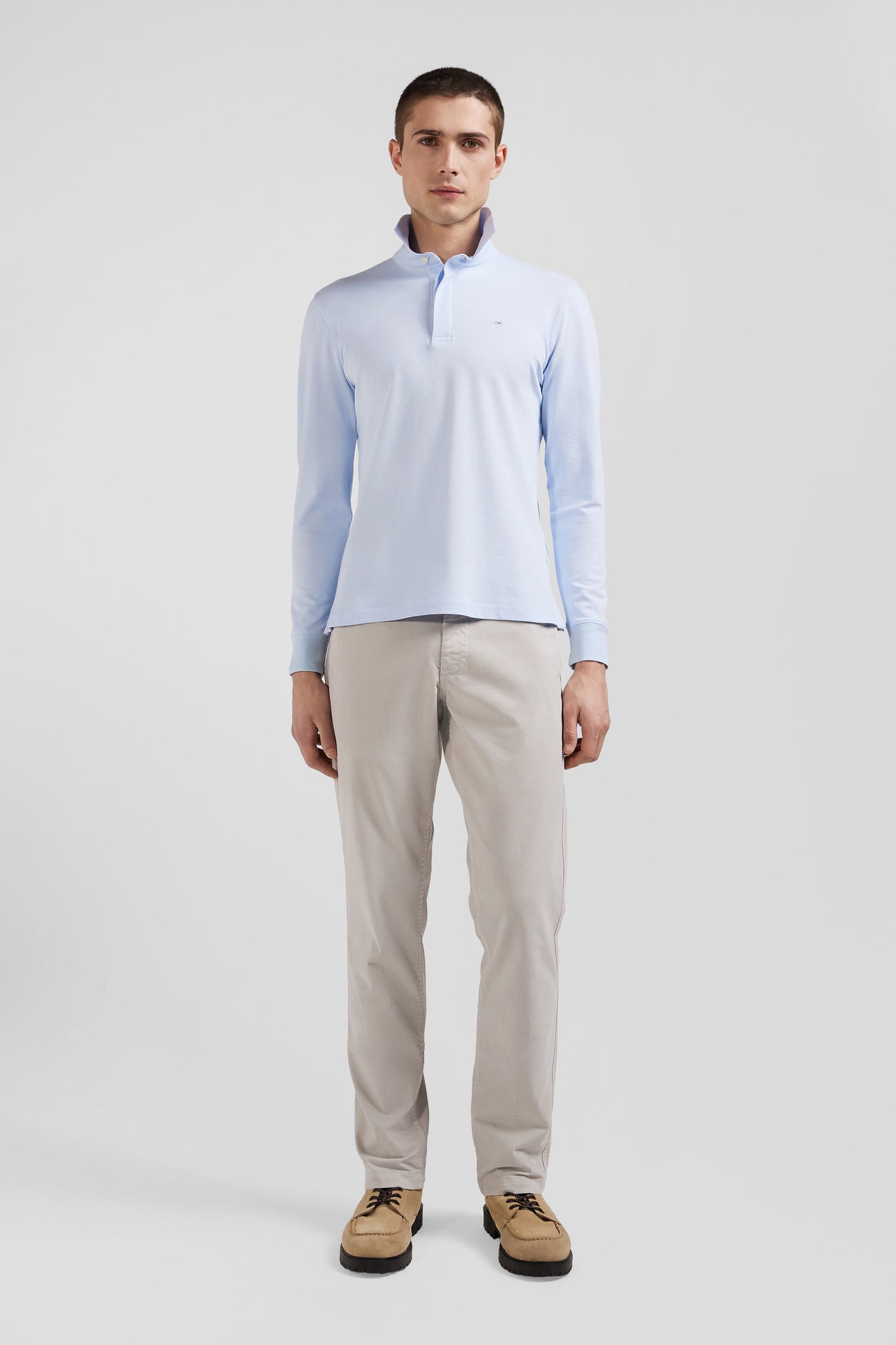 Slim sky blue long-sleeved cotton piqué polo shirt