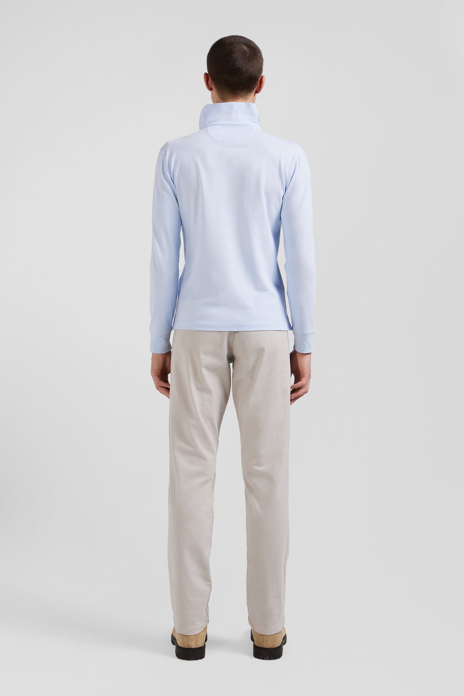 Slim sky blue long-sleeved cotton piqué polo shirt