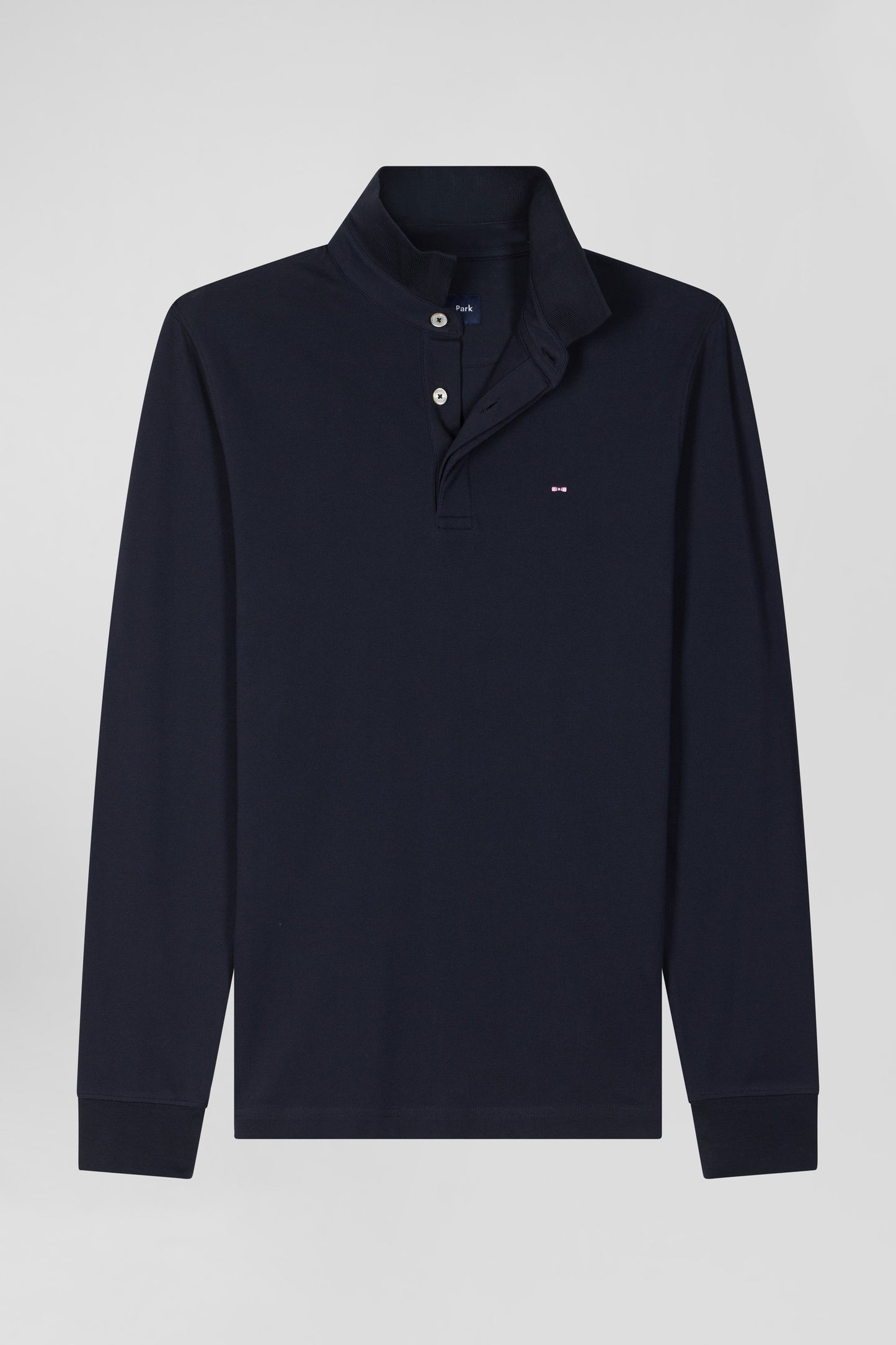 Slim navy blue long-sleeved cotton piqué polo shirt