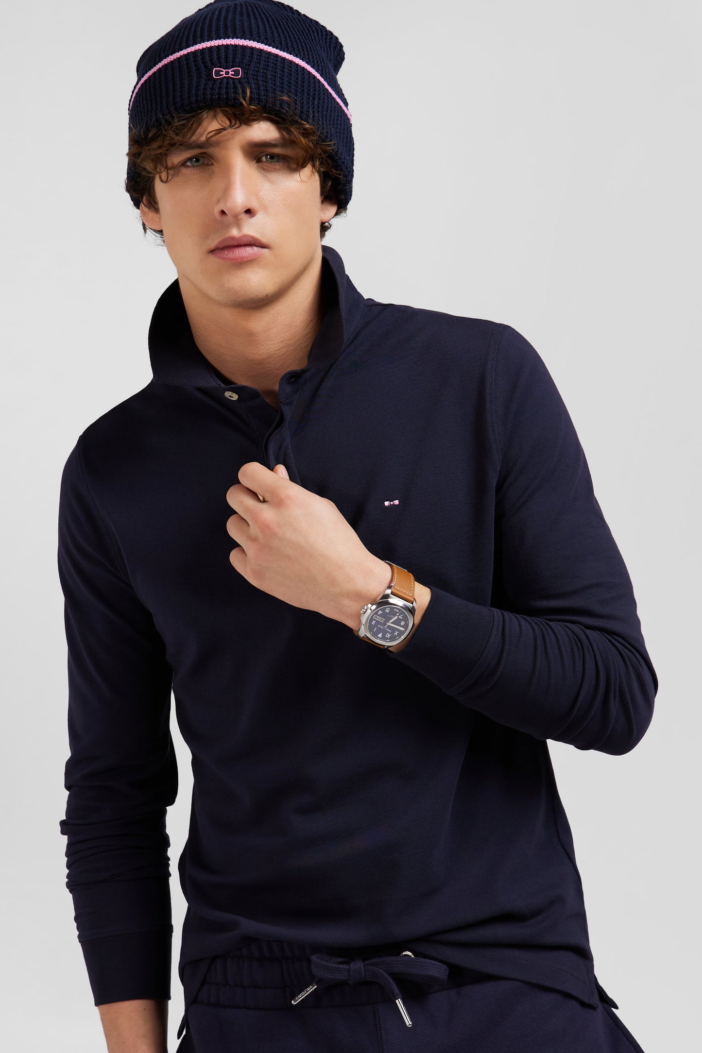 Slim navy blue long-sleeved cotton piqué polo shirt