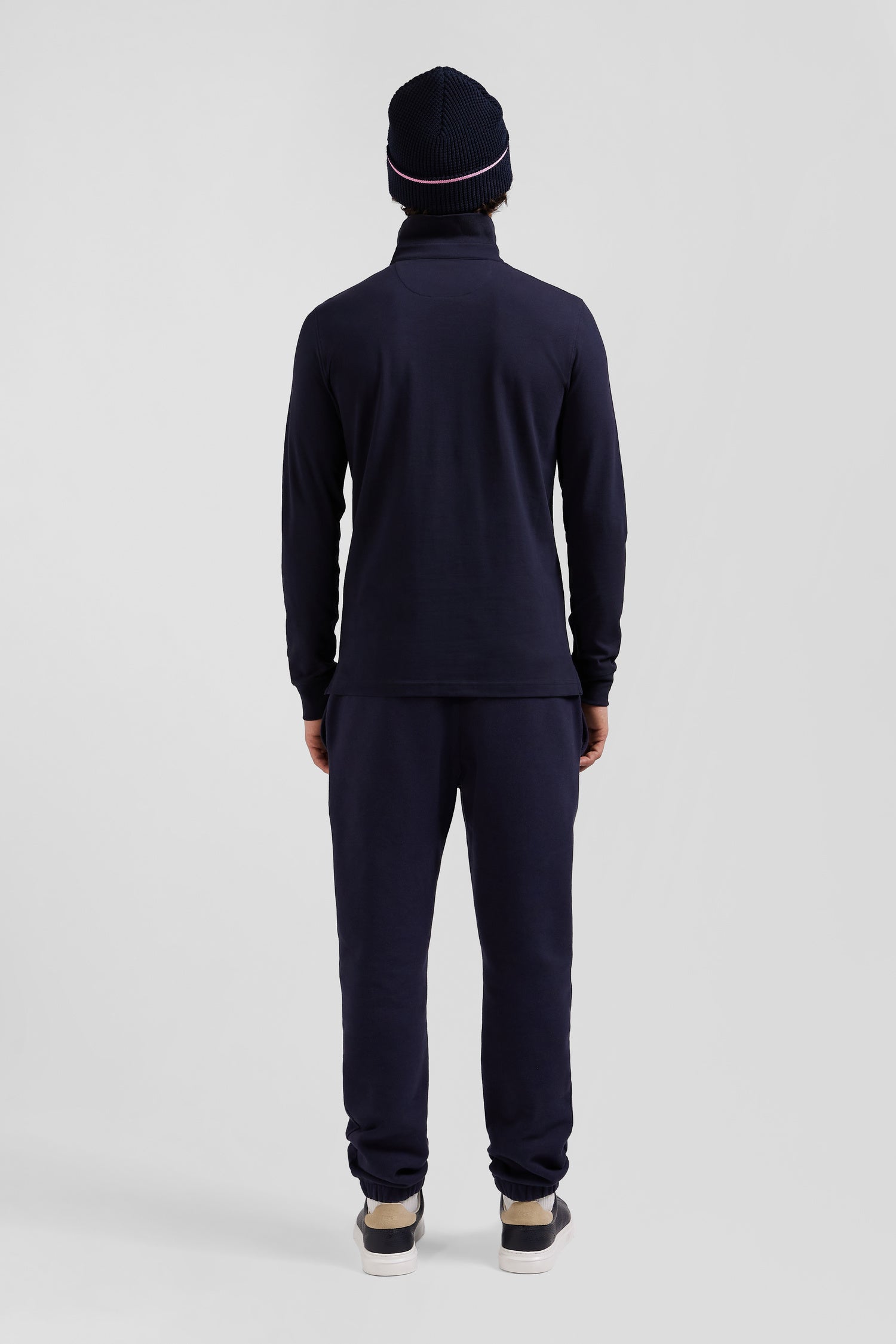 Slim navy blue long-sleeved cotton piqué polo shirt