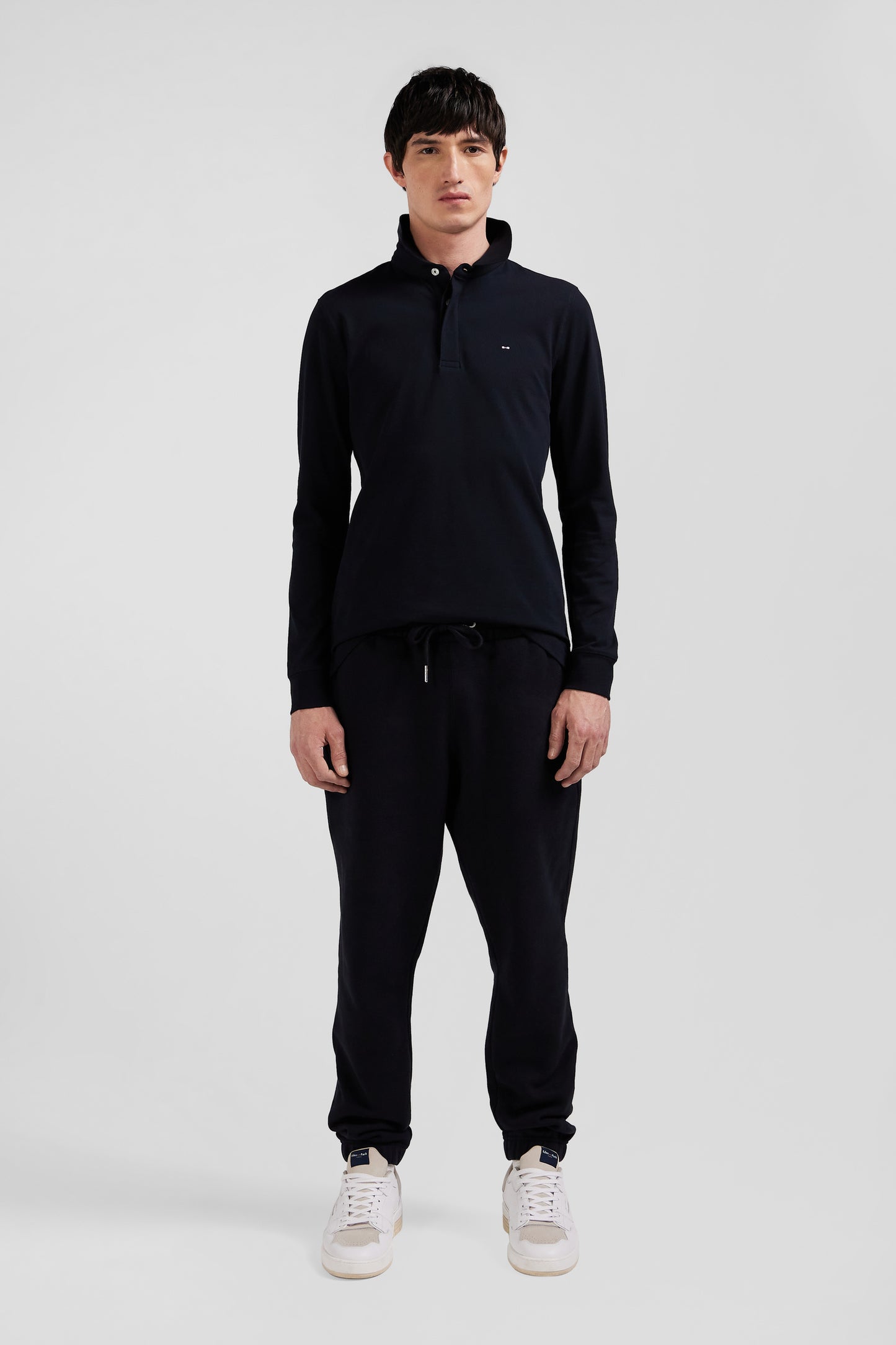 Slim black long-sleeved cotton piqué polo shirt