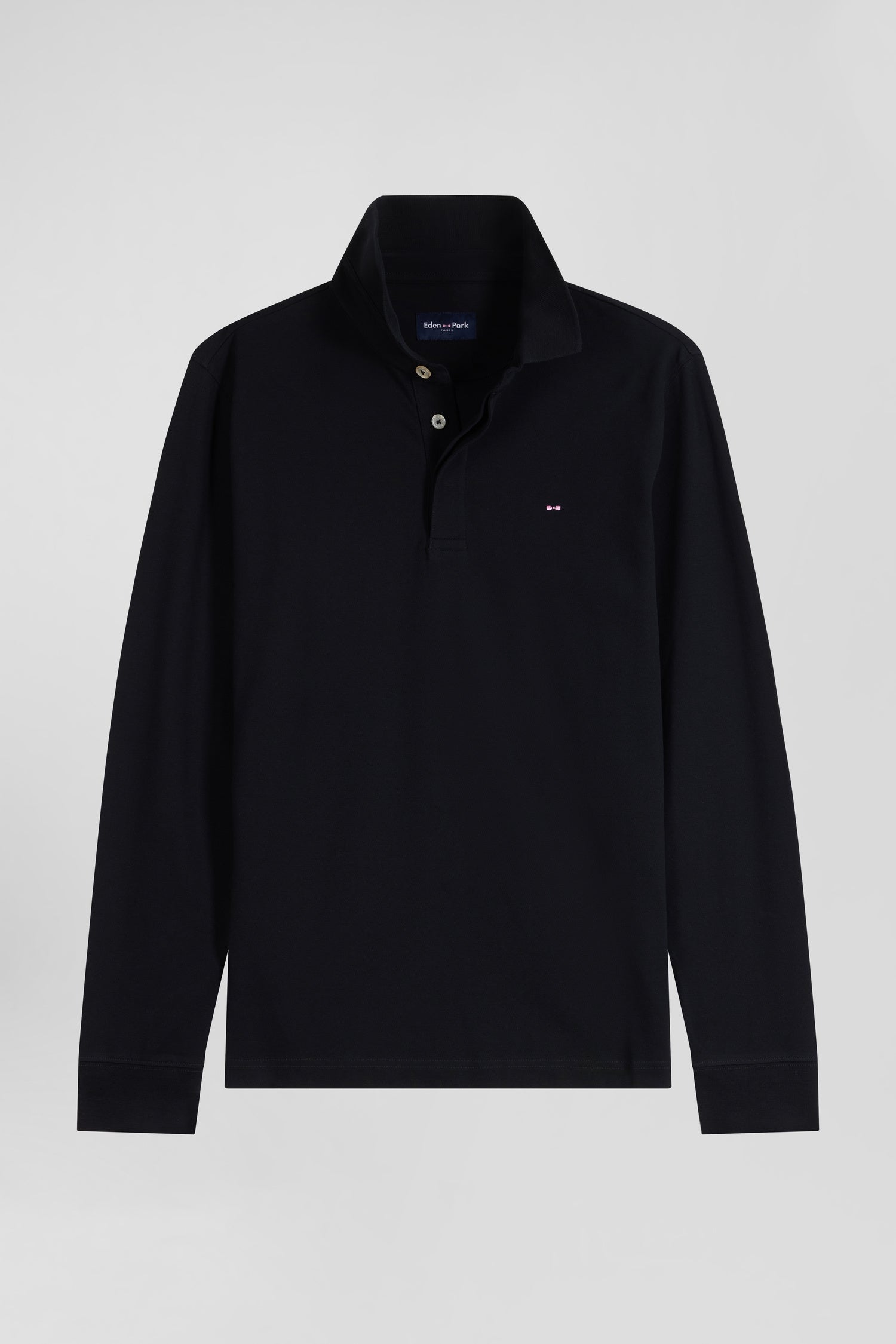 Slim black long-sleeved cotton piqué polo shirt