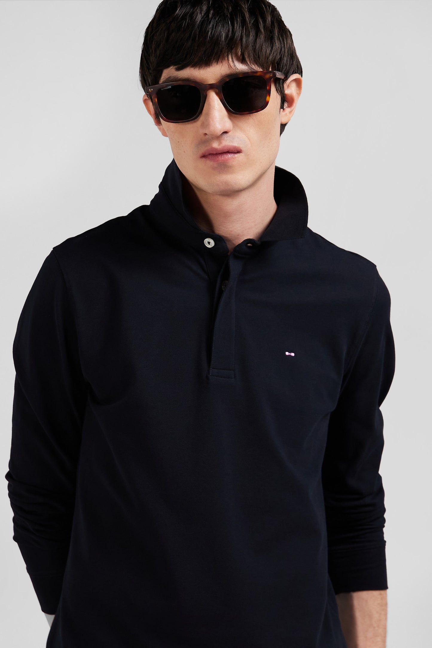 Slim black long-sleeved cotton piqué polo shirt