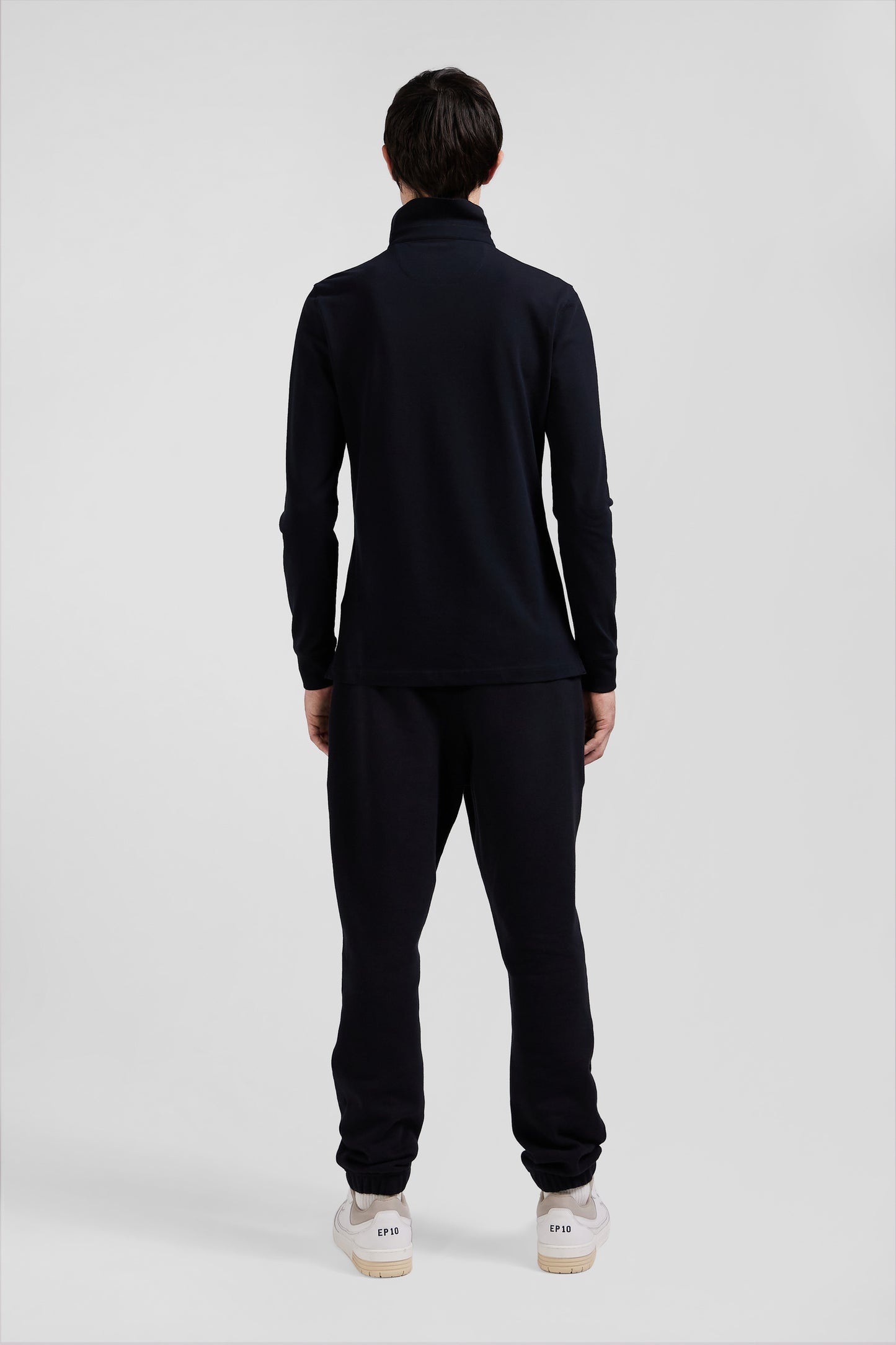 Slim black long-sleeved cotton piqué polo shirt