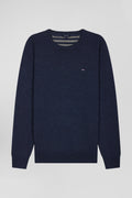 Pull col rond en laine et coton bleu foncé coupe Regular