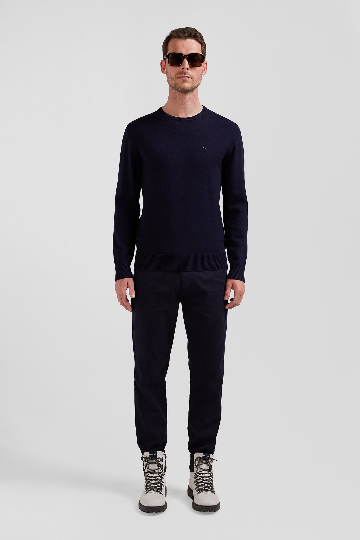 Regular navy blue wool and cotton crew neck jumper