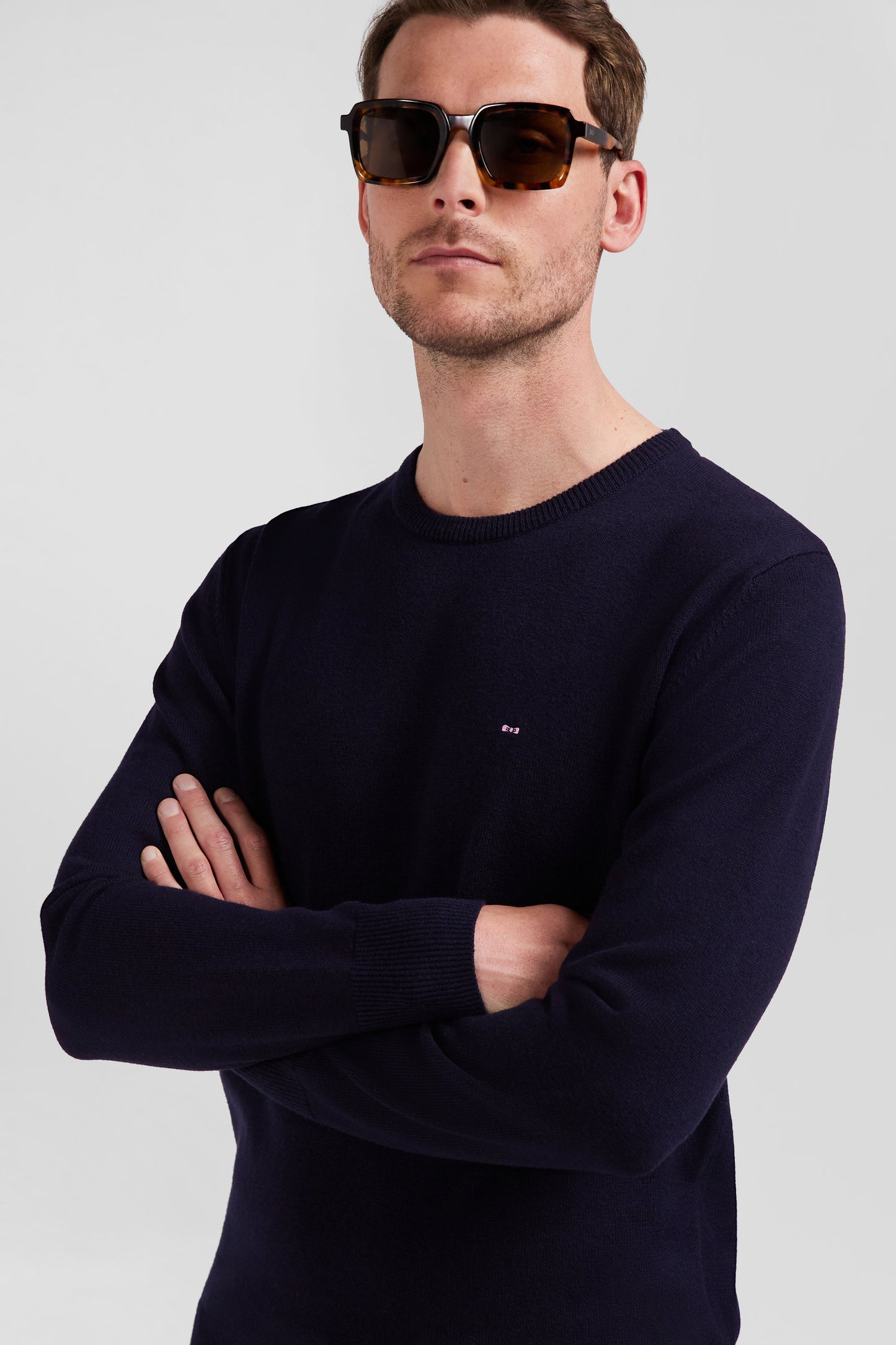 Regular navy blue wool and cotton crew neck jumper