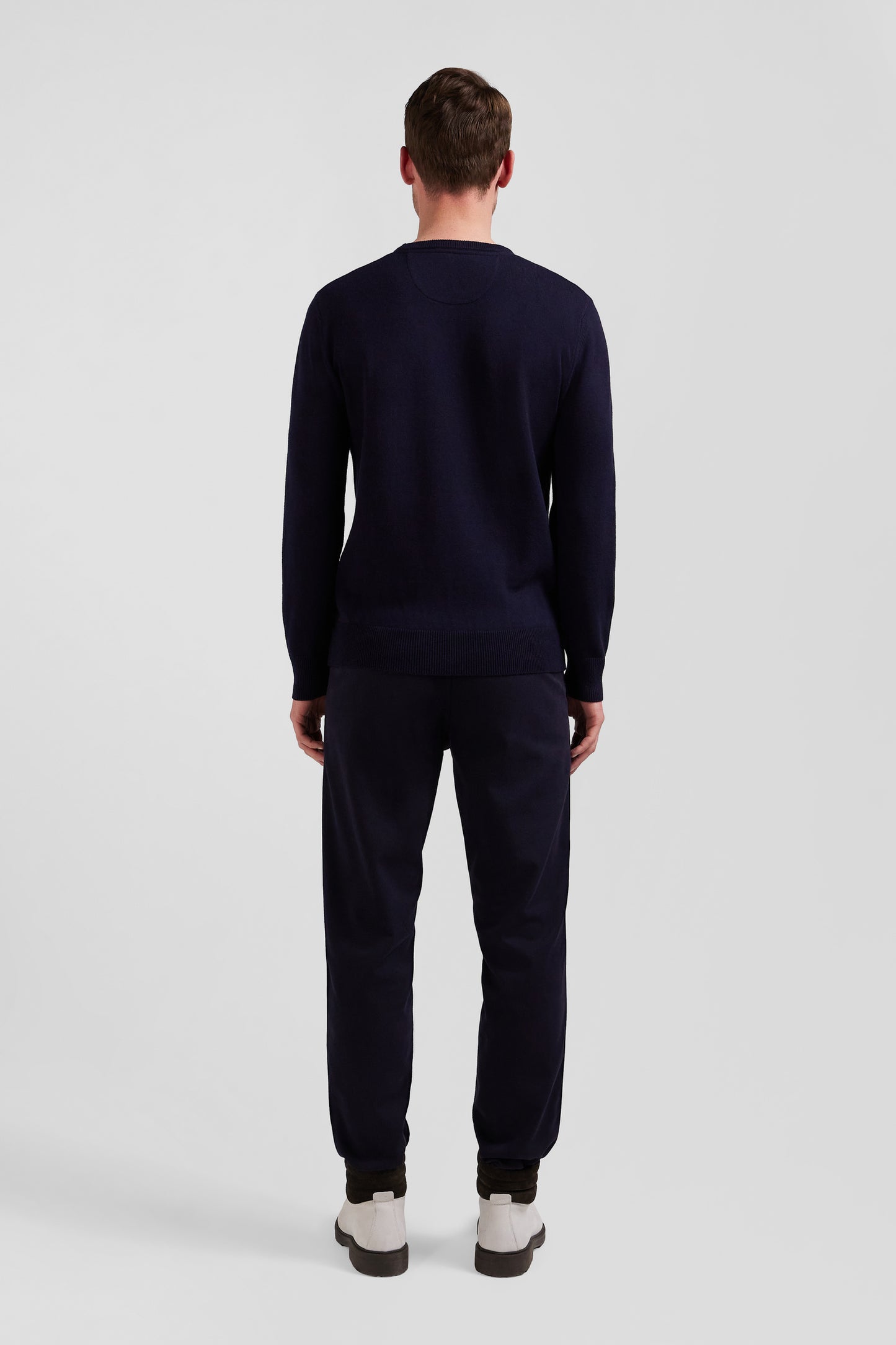 Regular navy blue wool and cotton crew neck jumper