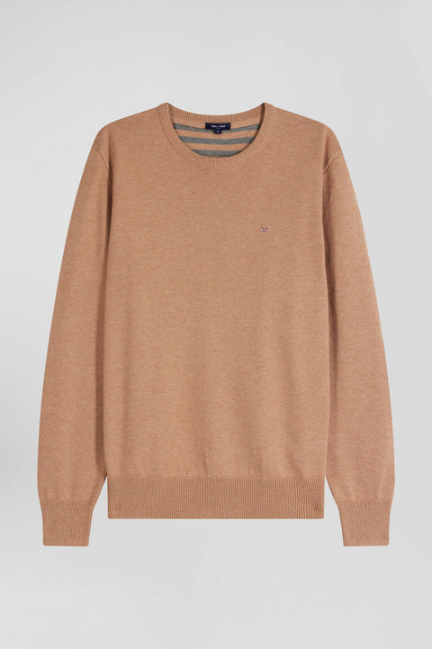 Regular camel wool and cotton crew neck jumper - Image 2