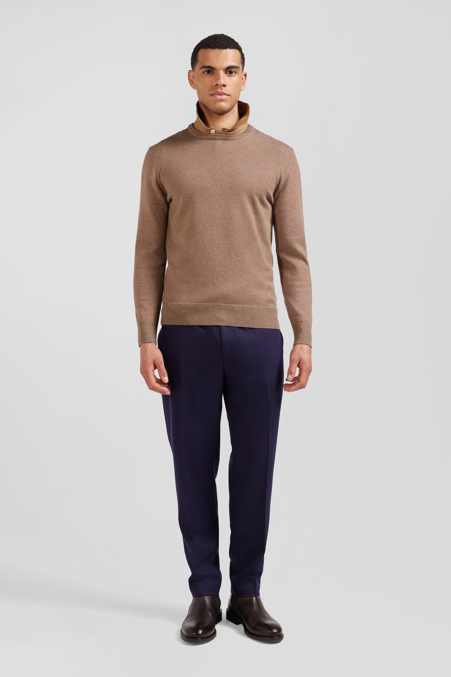 Regular brown wool and cotton crew neck jumper