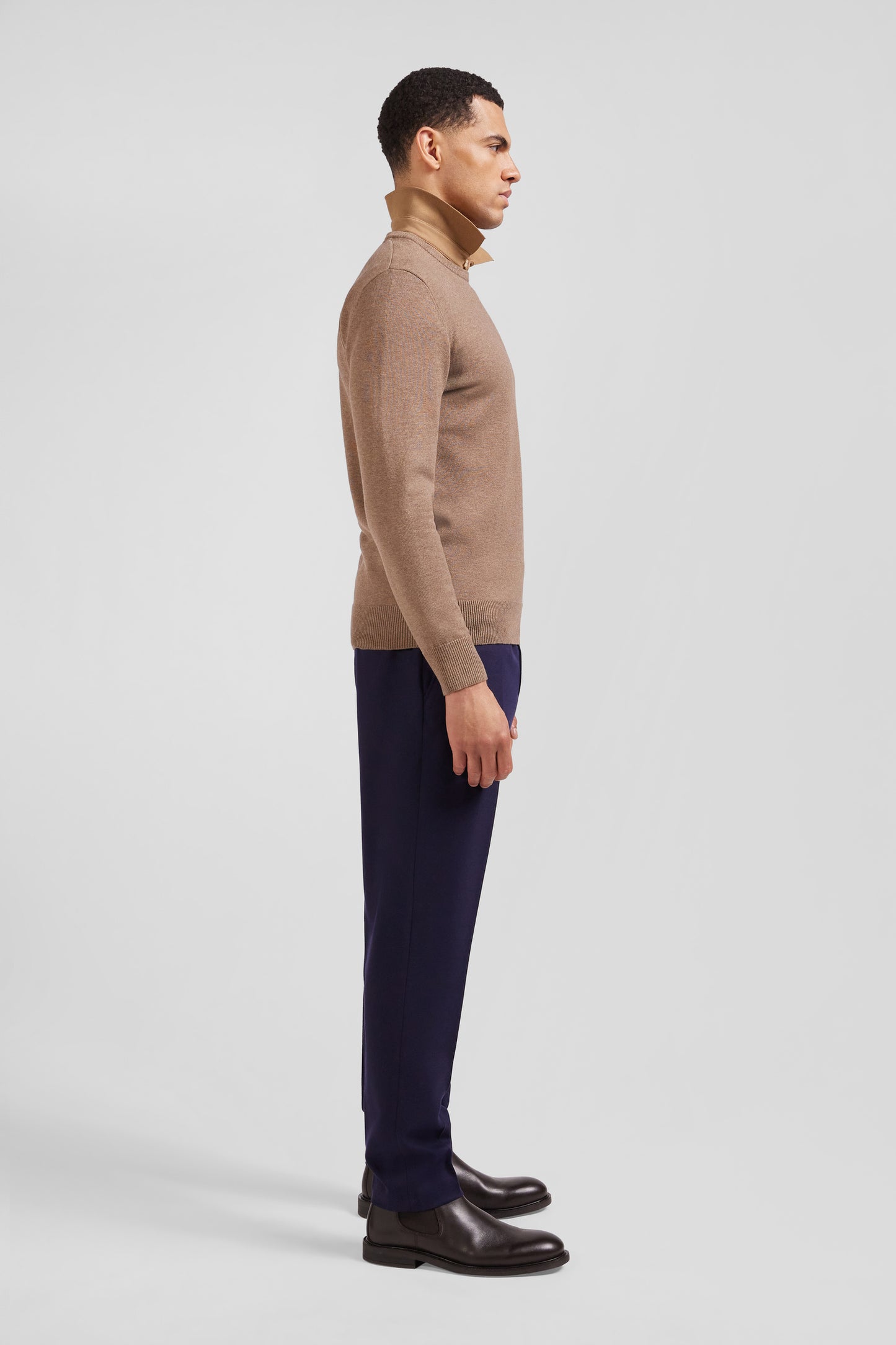 Regular brown wool and cotton crew neck jumper