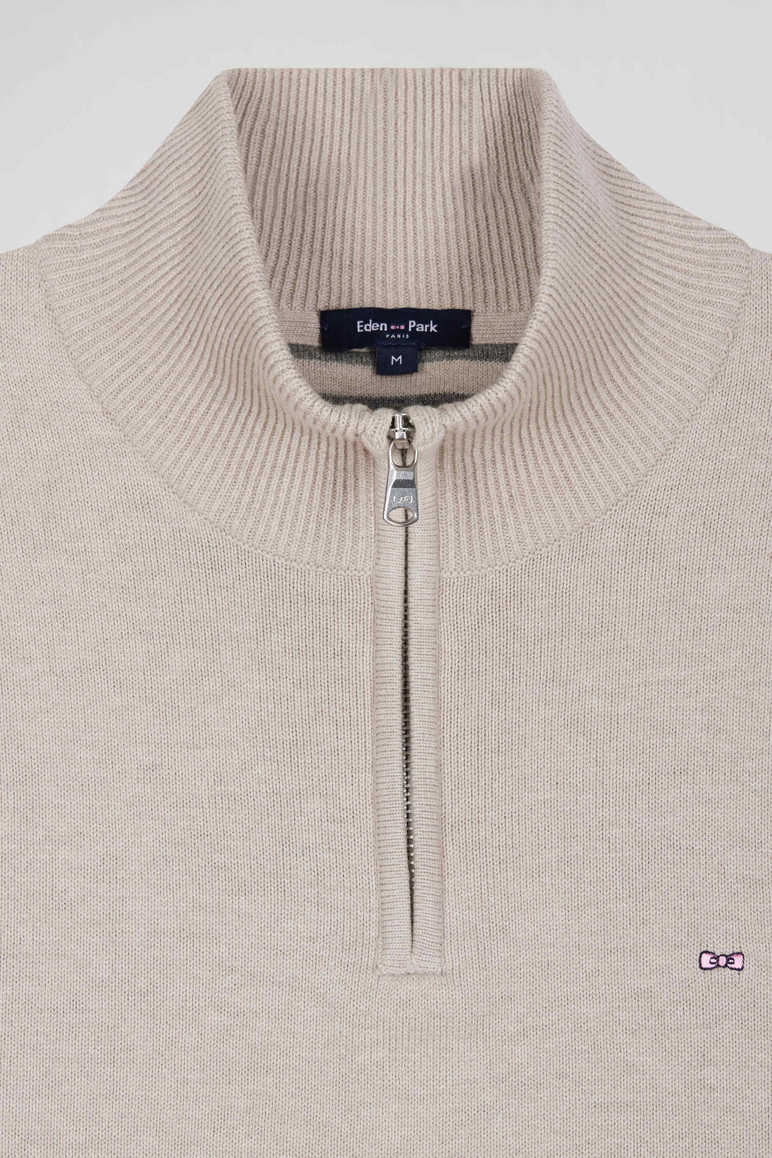 Pull col camionneur zippé en laine et coton beige coupe Regular