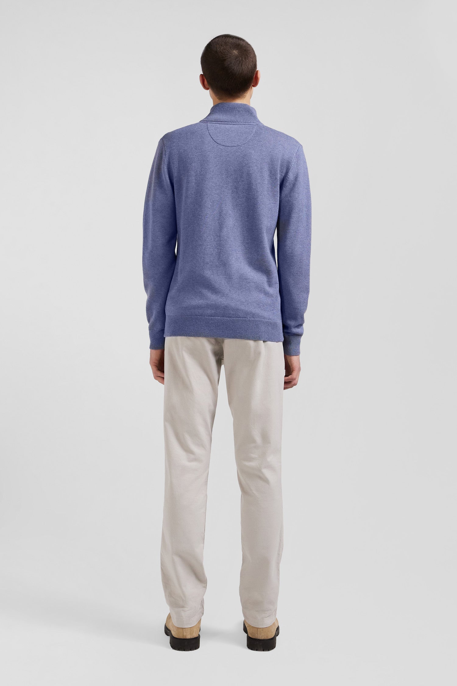 Regular light blue semi-zipped wool and cotton jumper